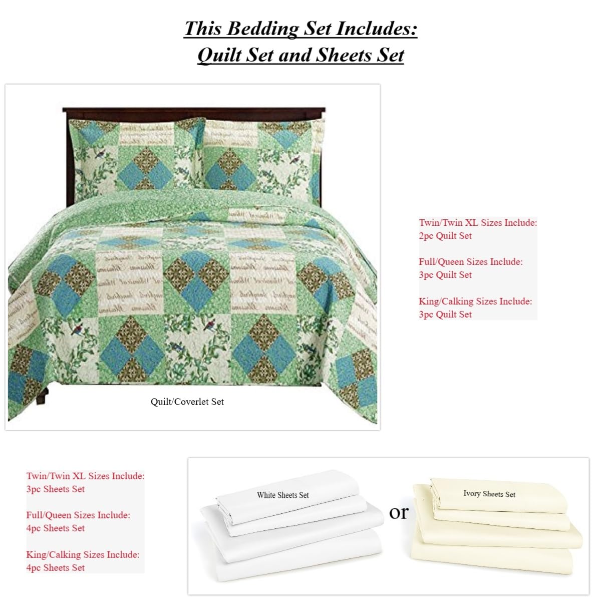 7-Piece Full Size Bedspread Set - Davina Printed Quilted Wrinkle-Free Microfiber Bedding Collection with 3-Piece Coverlet & 4-Piece Sheet Set - Perfect for Master Bedroom, Guest Room and Dorm Decor