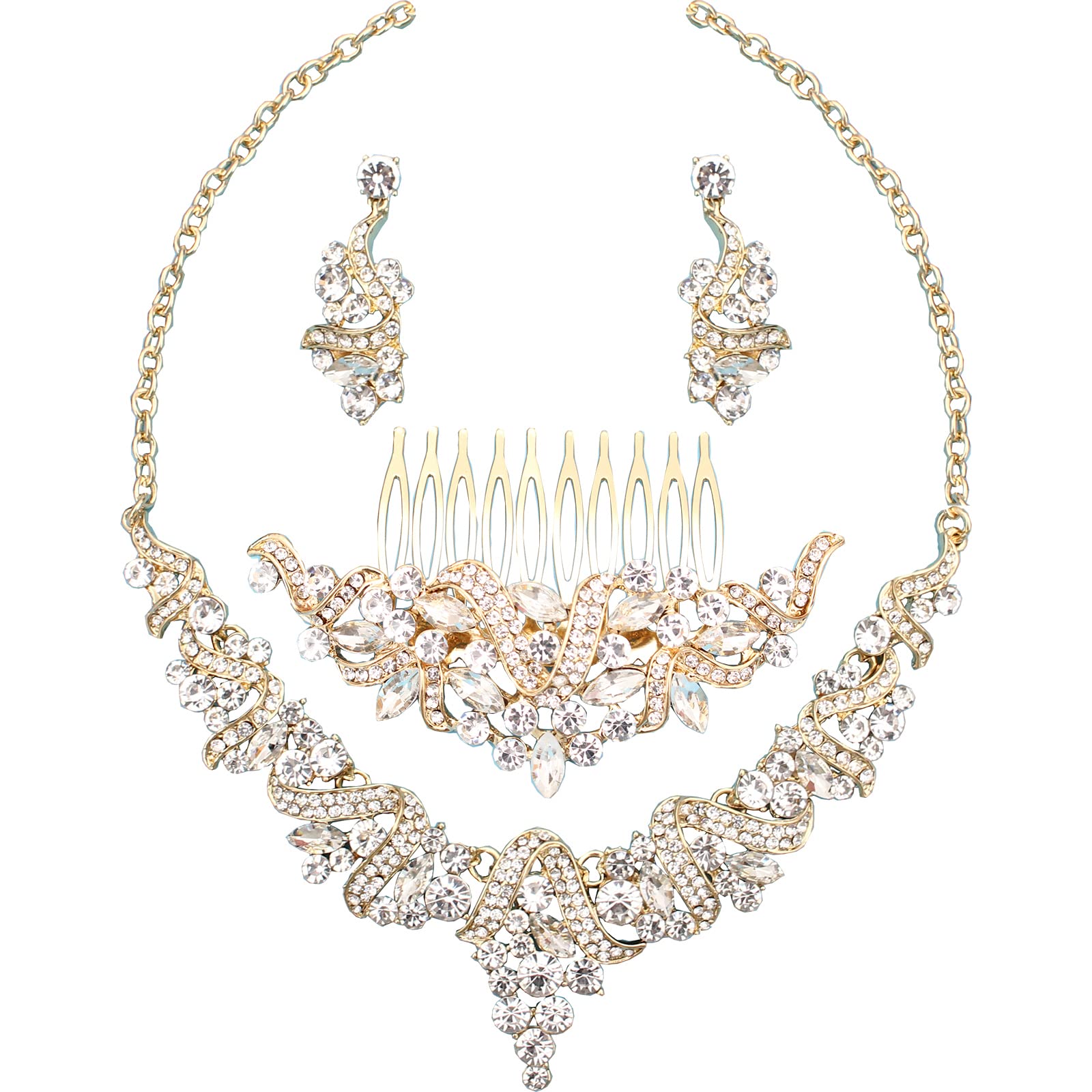 QYJ Women's Rhinestone Jewelry Set - Tiara Crown, Necklace, Earrings, Bracelet & Ring in White/KC Gold Plated - Perfect for Weddings, Bridal Parties & Special Occasions