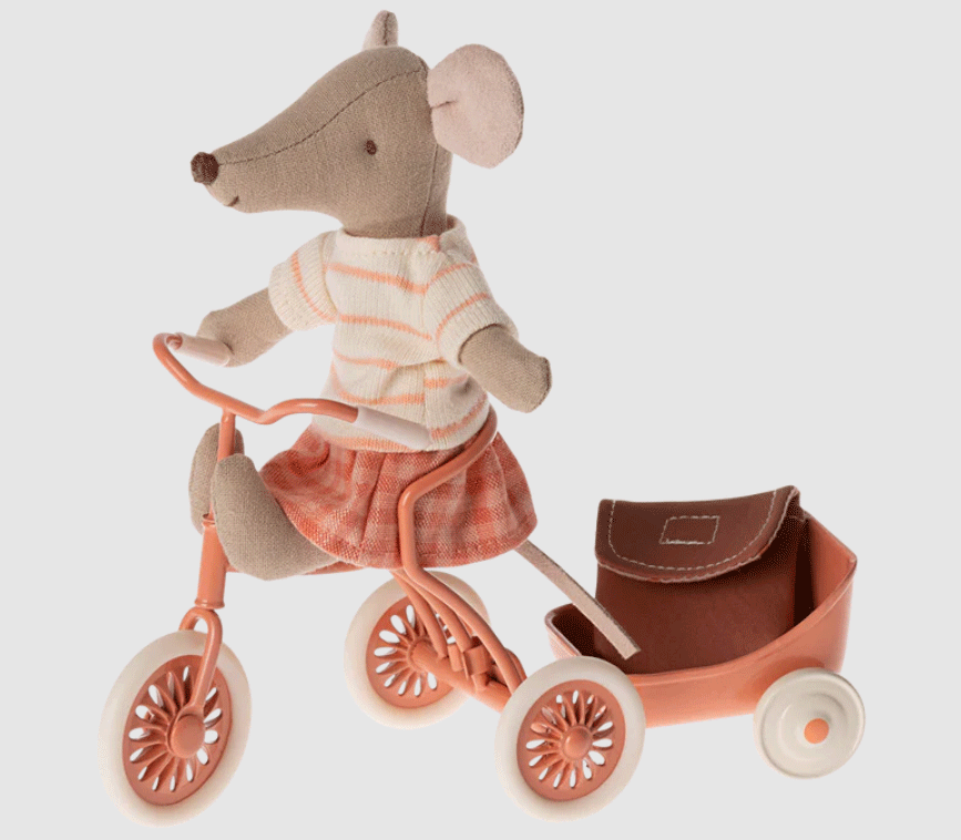 Maileg Big Sister Tricycle Mouse with Backpack - Adorable Plush Toy for Kids, Perfect for Pretend Play, Gift Giving & Nursery Decor