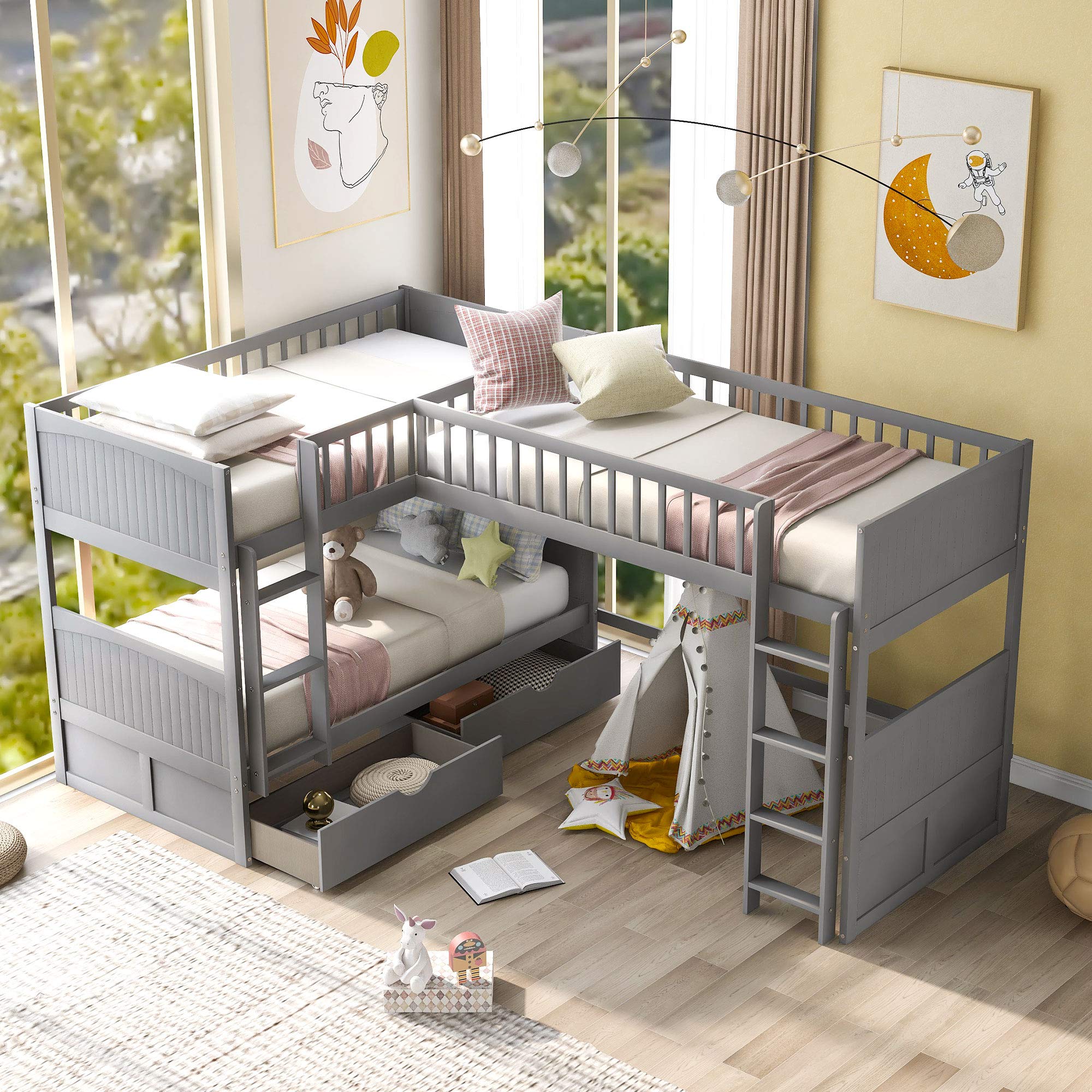 KLMM L-Shaped Twin Over Twin Bunk Bed with Loft - Space-Saving Corner Bunk Bed Frame for Kids, Teens & Adults - Includes 2 Drawers & 2 Ladders - Gray Finish - Perfect for Small Bedrooms, Guest Rooms & Vacation Homes