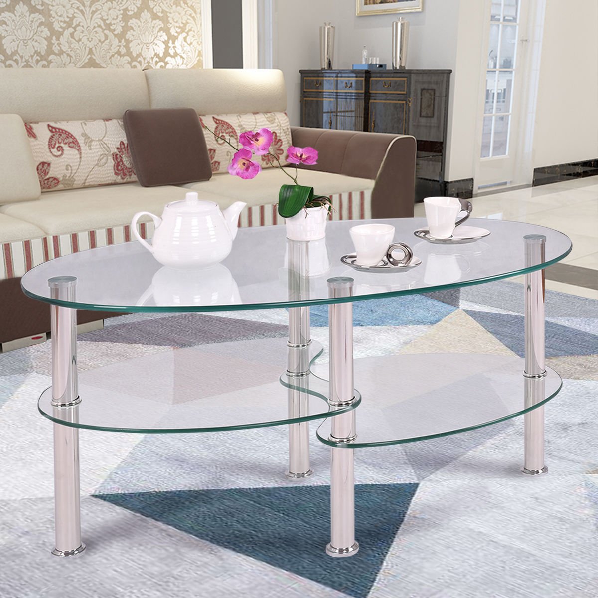 Tempered Glass Oval Coffee Table - Chrome Base for Living Room Decor