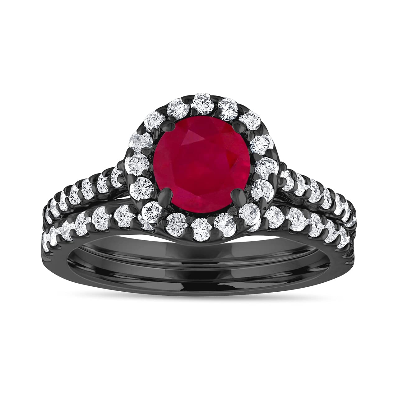 14K Black Gold Plated Ruby Wedding Ring Set for Women - Purple Star Bridal Engagement & Wedding Band Pair - Perfect for Proposals, Anniversaries and Romantic Occasions