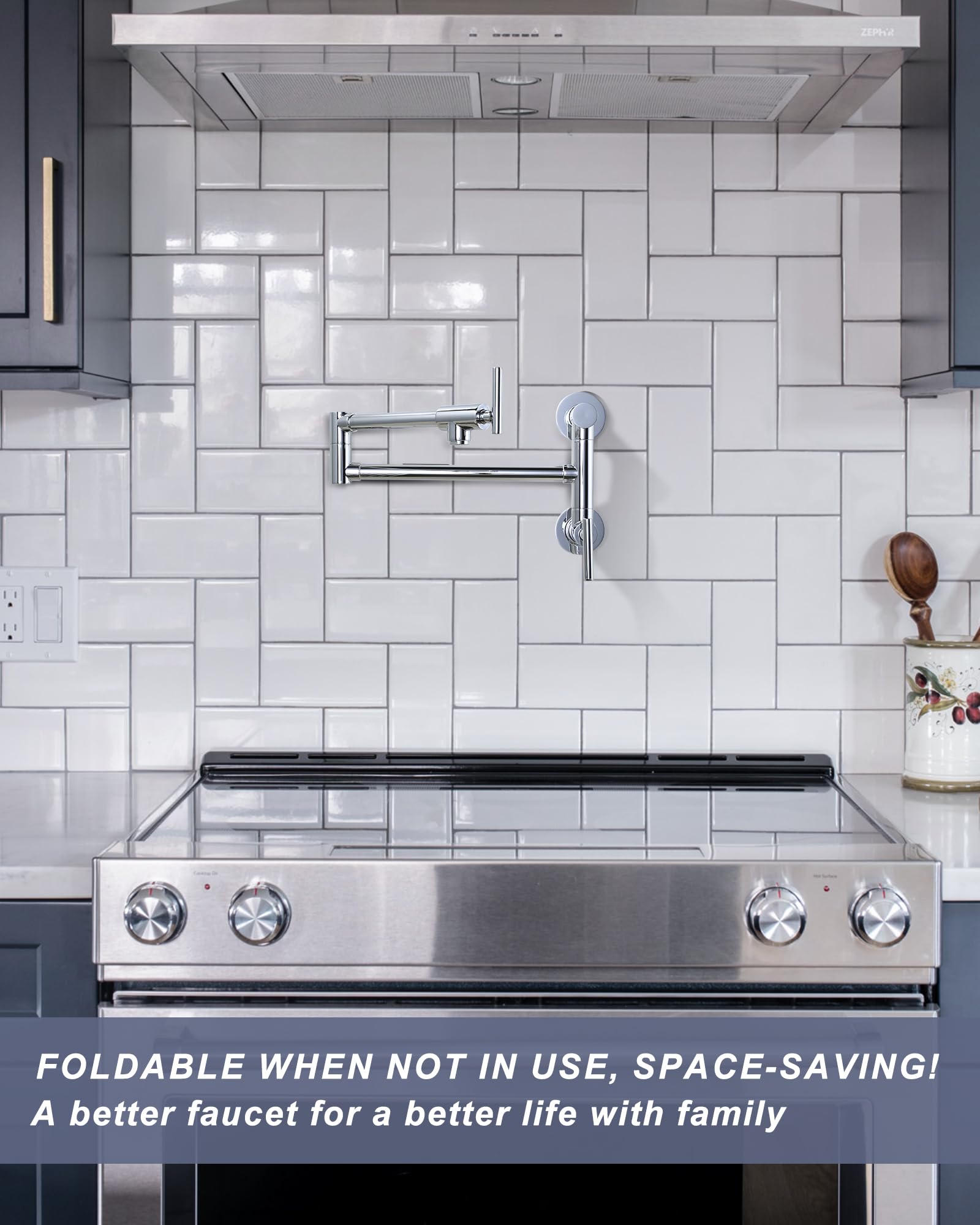 WOWOW Chrome Pot Filler Faucet - Single Hole Wall Mount Stove Faucet with Brass Construction & Double Joint Swing Arms - Perfect for Kitchen, Restaurant & Outdoor Cooking Areas