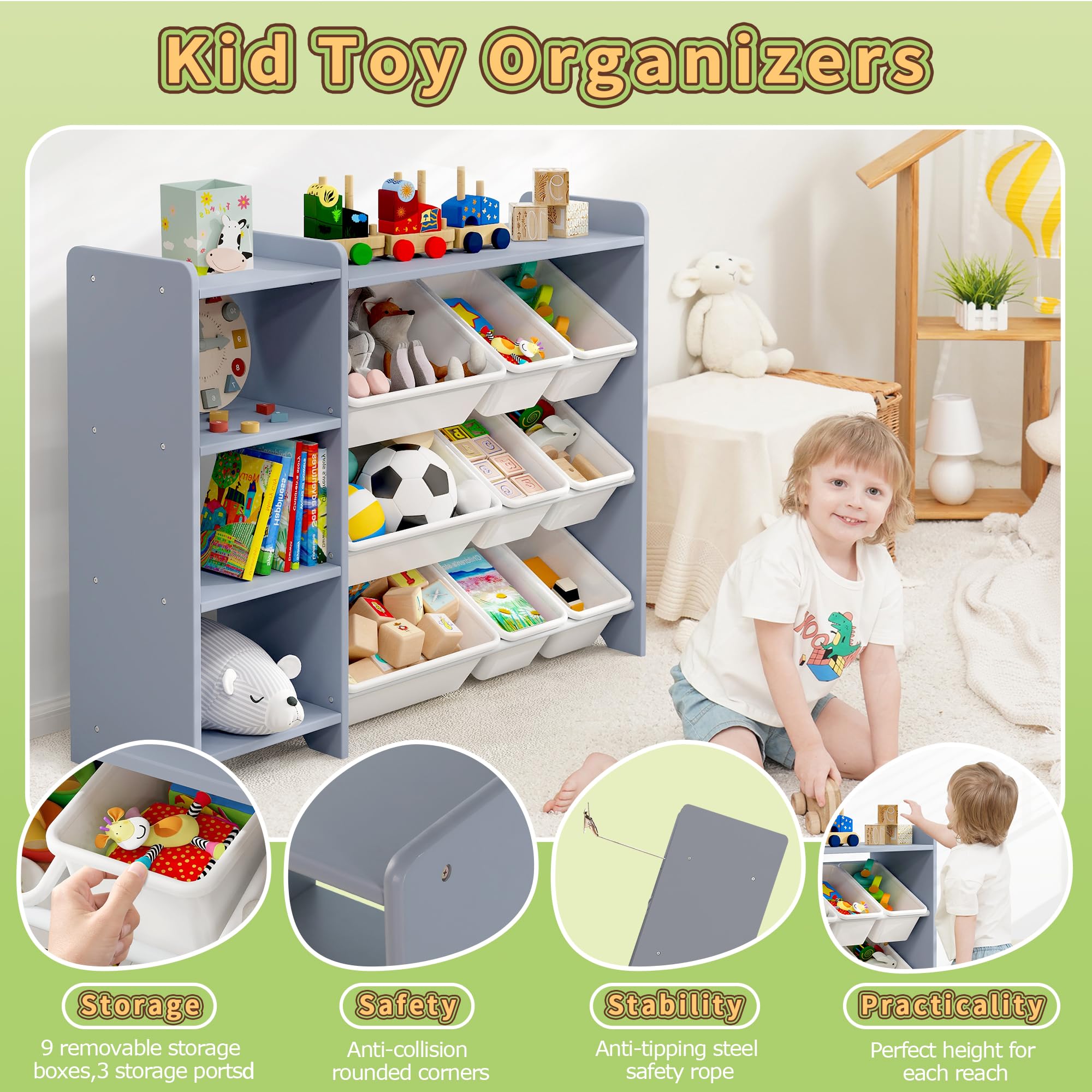 MallBest 4-Tier Kids Toy Storage Organizer Shelf - 100% Solid Wood Children's Storage Cabinet with 9 Plastic Bins & 3 Storage Ports, Grey - Perfect for Nursery, Playroom & Classroom Organization