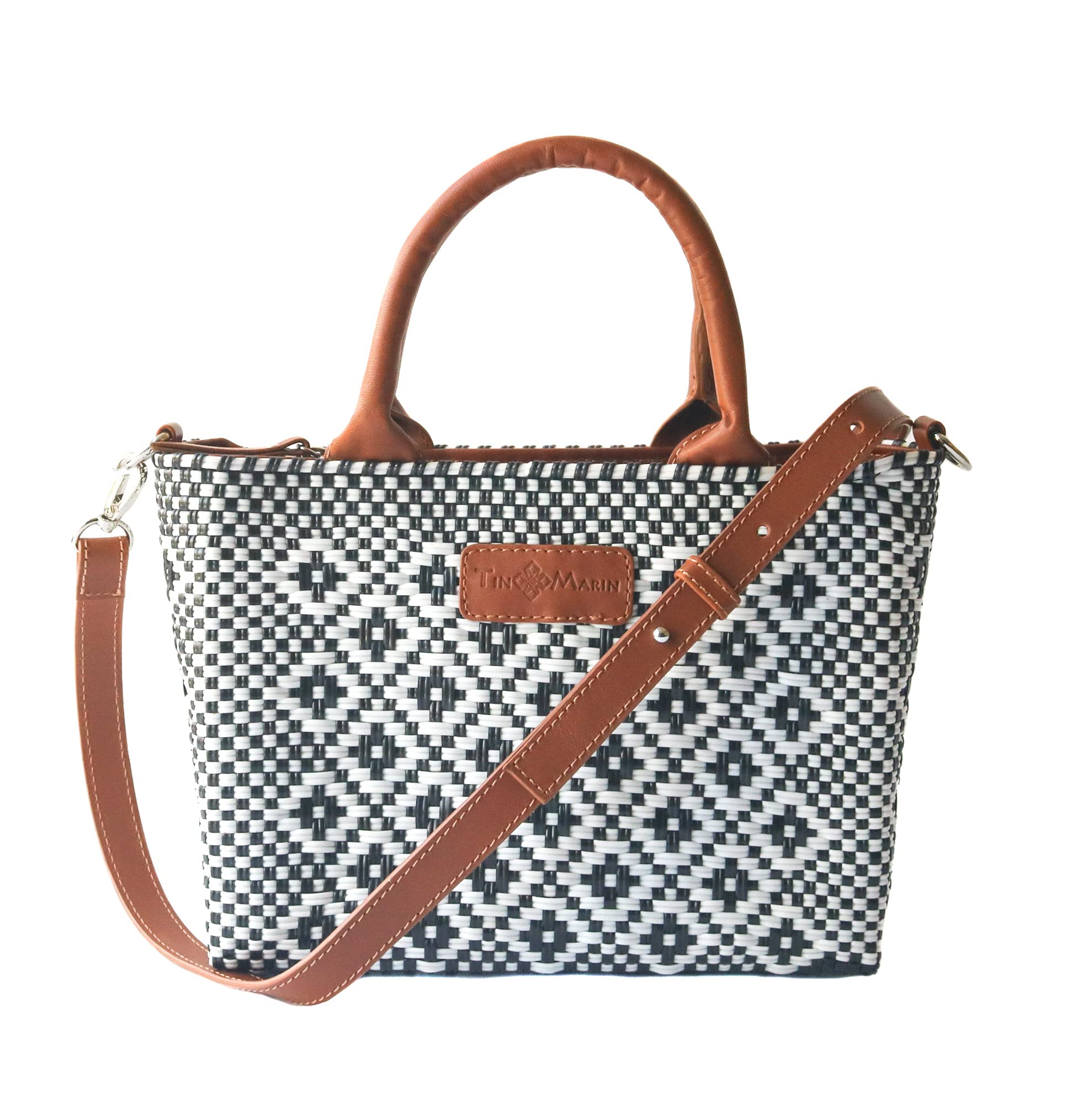 Eco-Friendly Small Woven Crossbody Bag with Tan Leather Handles - Mexican Recycled Plastic Handwoven Purse with Adjustable Strap & Zipper Closure | Perfect for Summer Travel, Beach Outings & Everyday Use