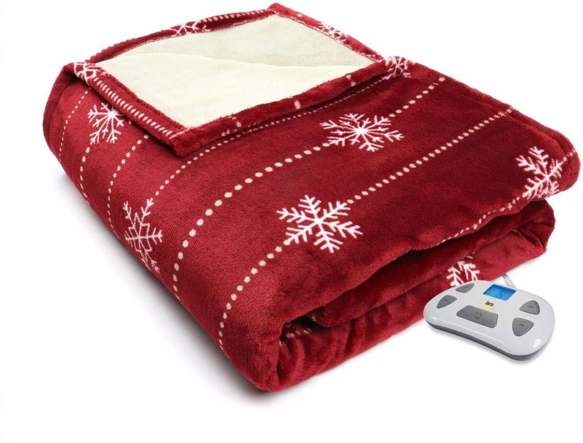 Serta Silky Plush Electric Heated Warming Blanket - Queen Size, Snowflake Pattern, Merlot Color - Cozy Winter Nights & Home Relaxation