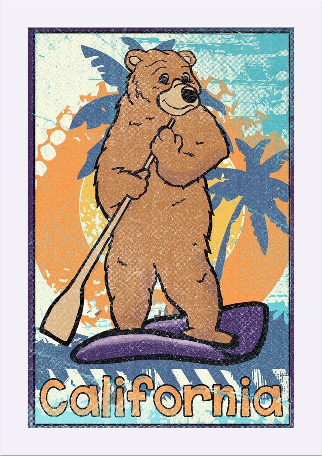 California Cartoon Bear on Paddle Board - 12x18 Giclee Fine Art Print with Recycled Wood Frame in White | Beach House Decor, Surfing Enthusiast Gift, Coastal Wall Art