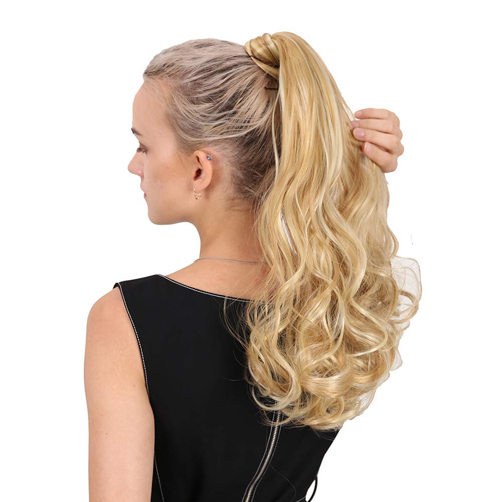 RemeeHi Remy Human Hair Wavy Curly Long Wrap Around Ponytail Clip-in Hair Extension 18 Inch 120g 613 Bleach Blonde - Perfect for Parties, Weddings & Daily Styling