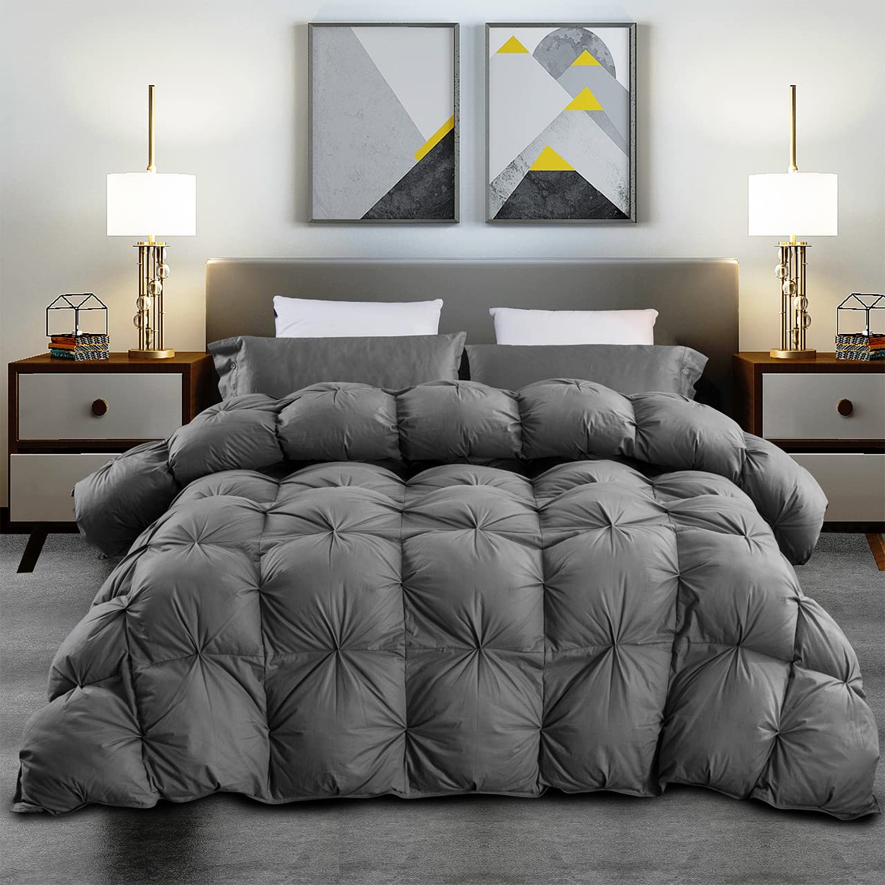 Luxurious King Size Goose Down Feather Comforter Duvet Insert - 100% Egyptian Cotton Cover, 90 oz Fill Weight - Gray Pinch Pleat Design - Perfect for Master Bedrooms & Luxury Hotels
