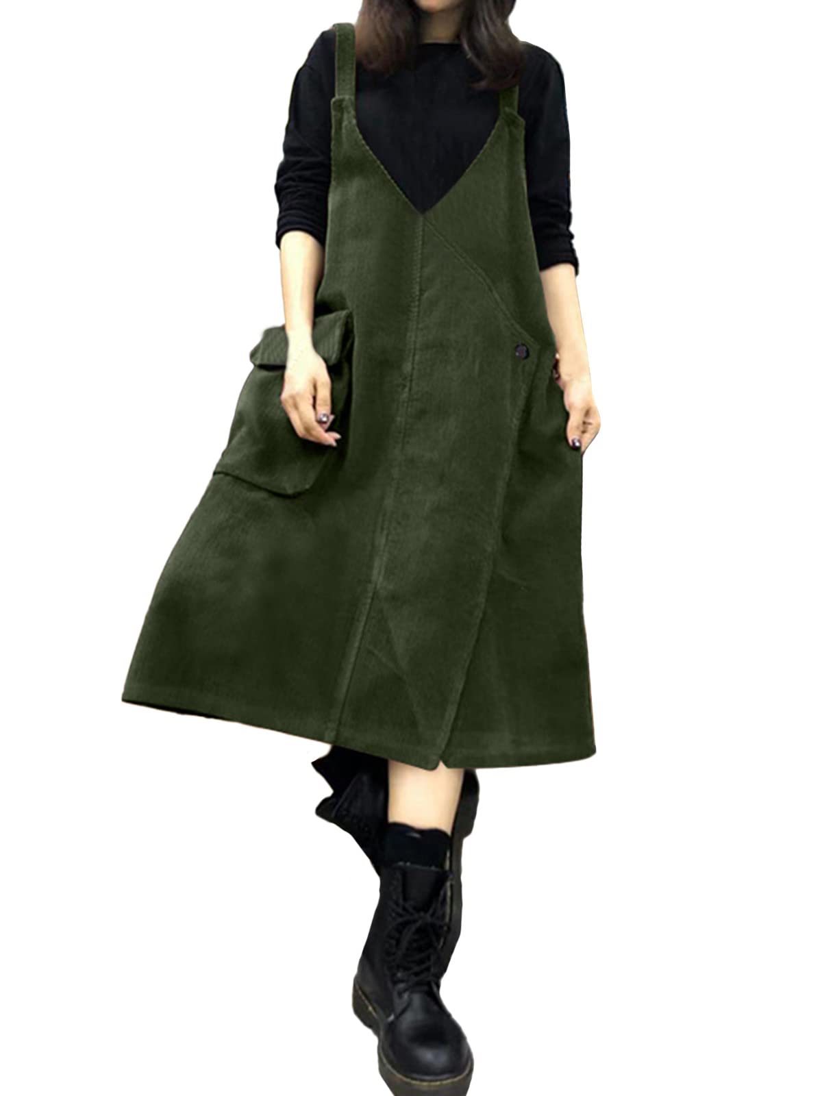 ZANZEA Women's Plus Size Corduroy Midi Dress with Straps & Button Embellishments - Casual Loose Fit Pinafore Jumper Dress for Everyday Wear, Office & Date Nights