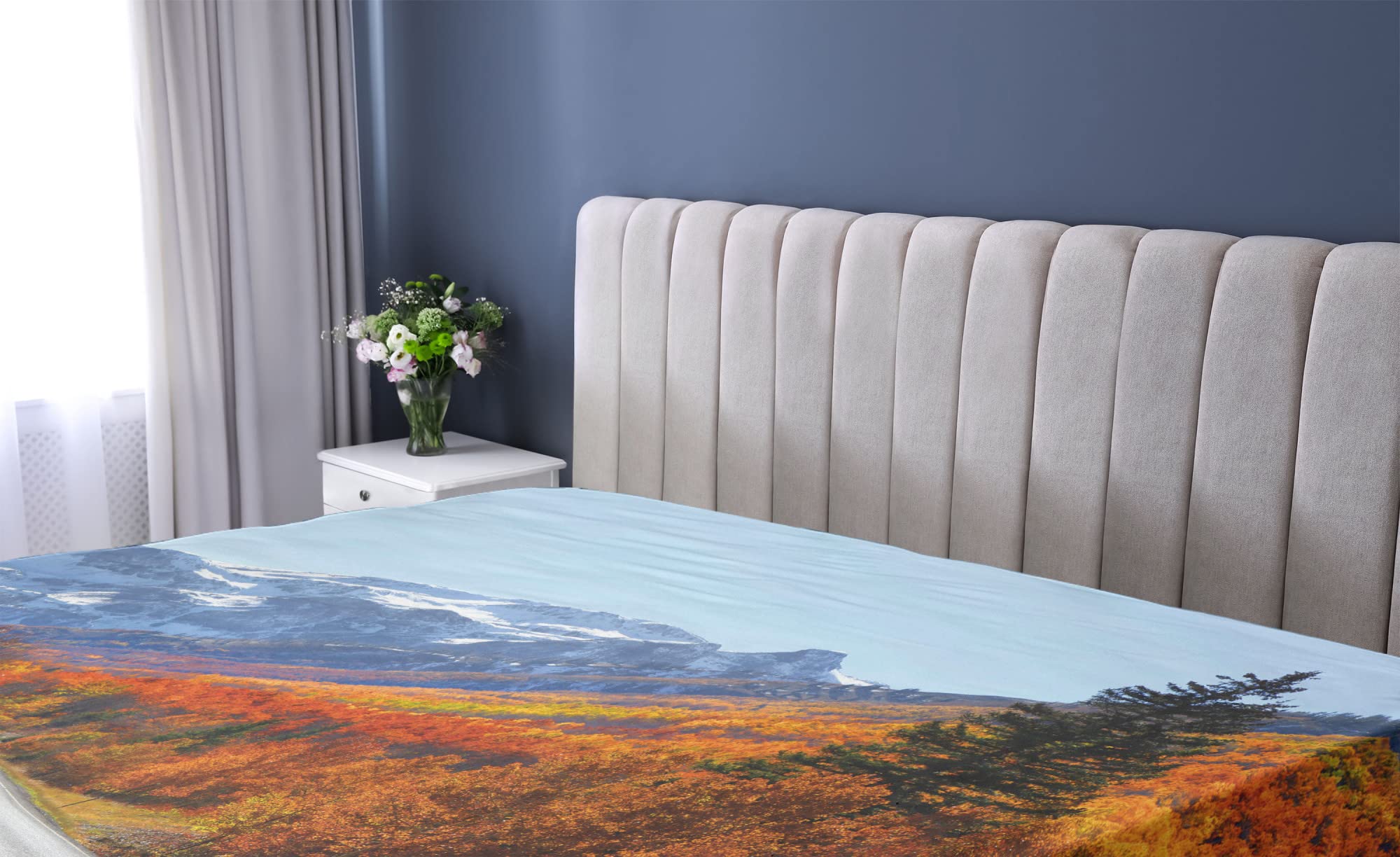 Ambesonne Fall Fitted Sheet - Twin Size Deep Pocket Bed Cover with All-Round Elastic, Scenic American Landscape with Snowy Mountains & Autumn Foliage Design | Perfect for Cozy Bedrooms, Guest Rooms & Vacation Homes
