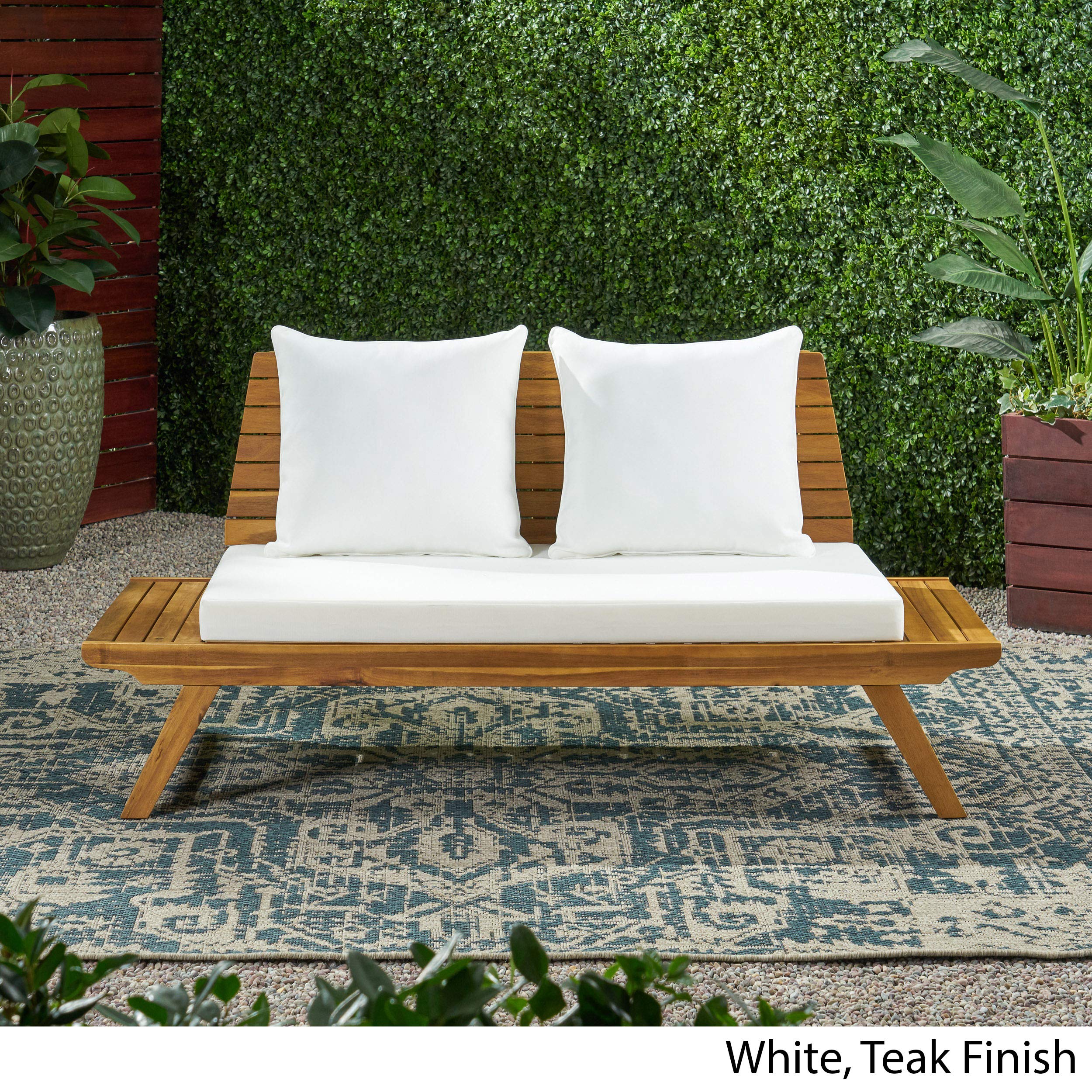 GDFStudio Outdoor Wooden Loveseat with Cushions - White & Teak Finish Patio Furniture Set for Garden, Porch, and Backyard Relaxation
