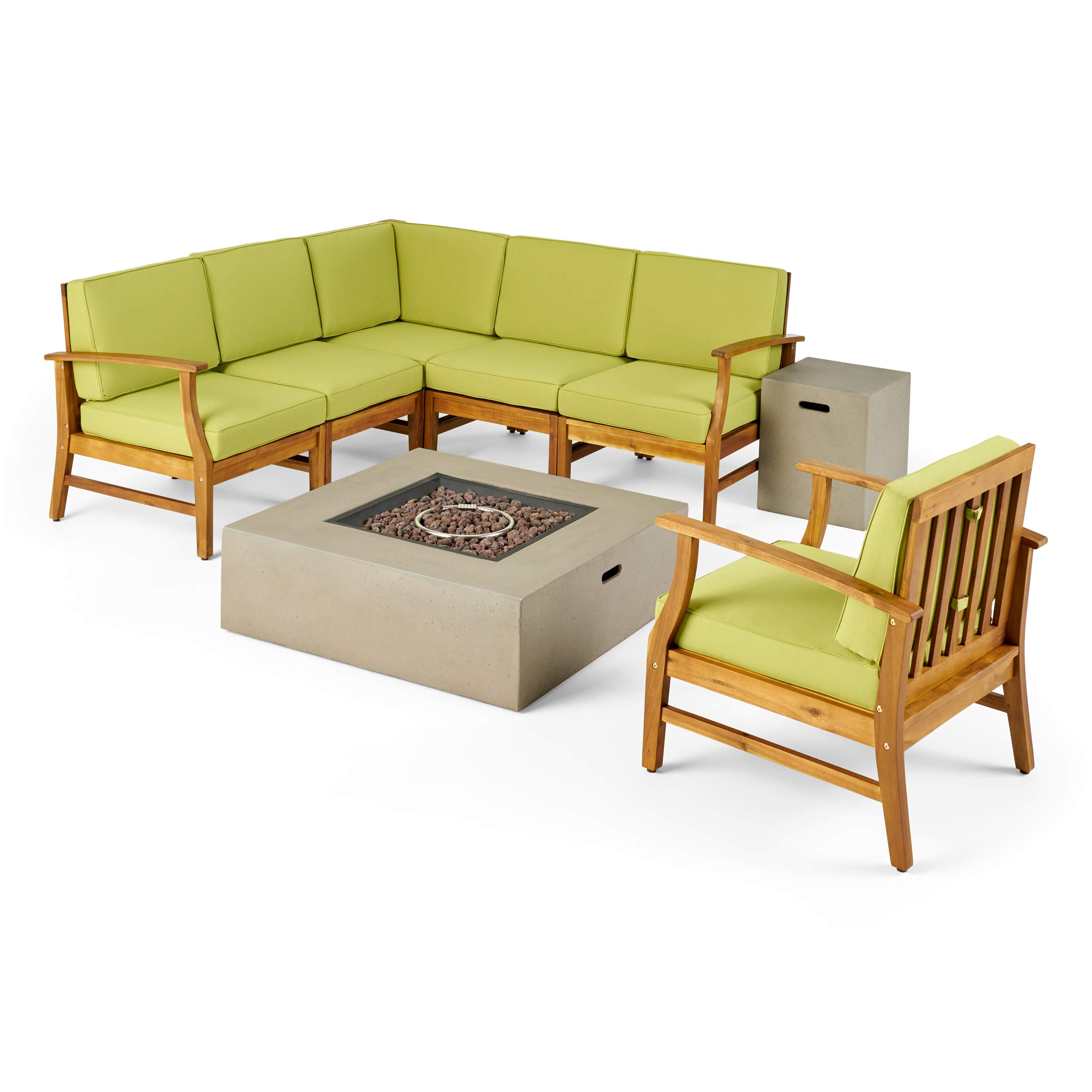 Premium 6-Piece Outdoor Acacia Wood Sofa Set with Square Fire Pit Table & Tank - Teak, Green & Light Gray - Perfect for Patio, Garden, Backyard & Poolside Relaxation