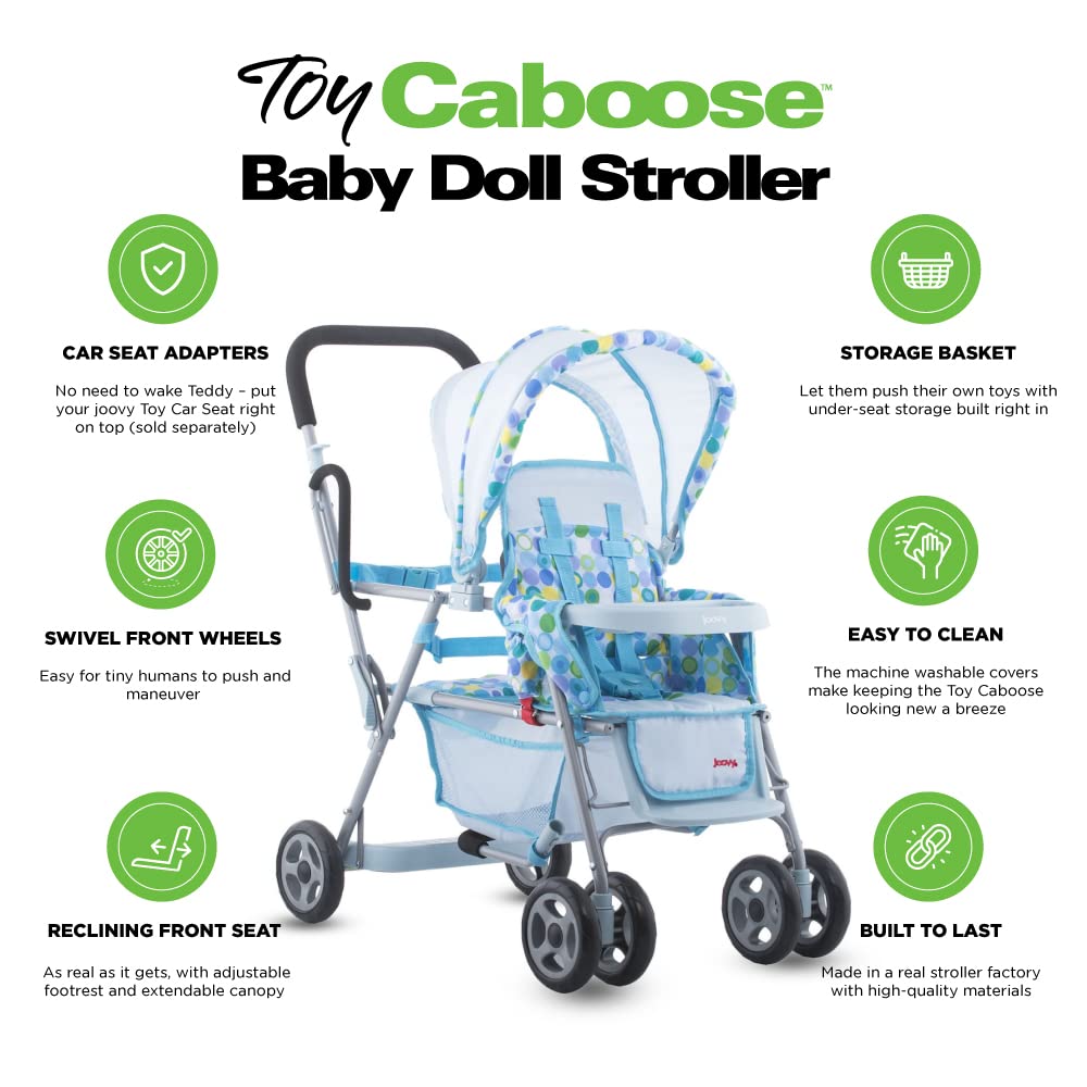 Joovy Toy Caboose Baby Doll Stroller - Reclining Front Seat, Adjustable Footrest, Storage Basket & Extendable Canopy | Holds 3 Dolls | Blue Dot | Perfect for Pretend Play, Daycare & Indoor/Outdoor Playtime