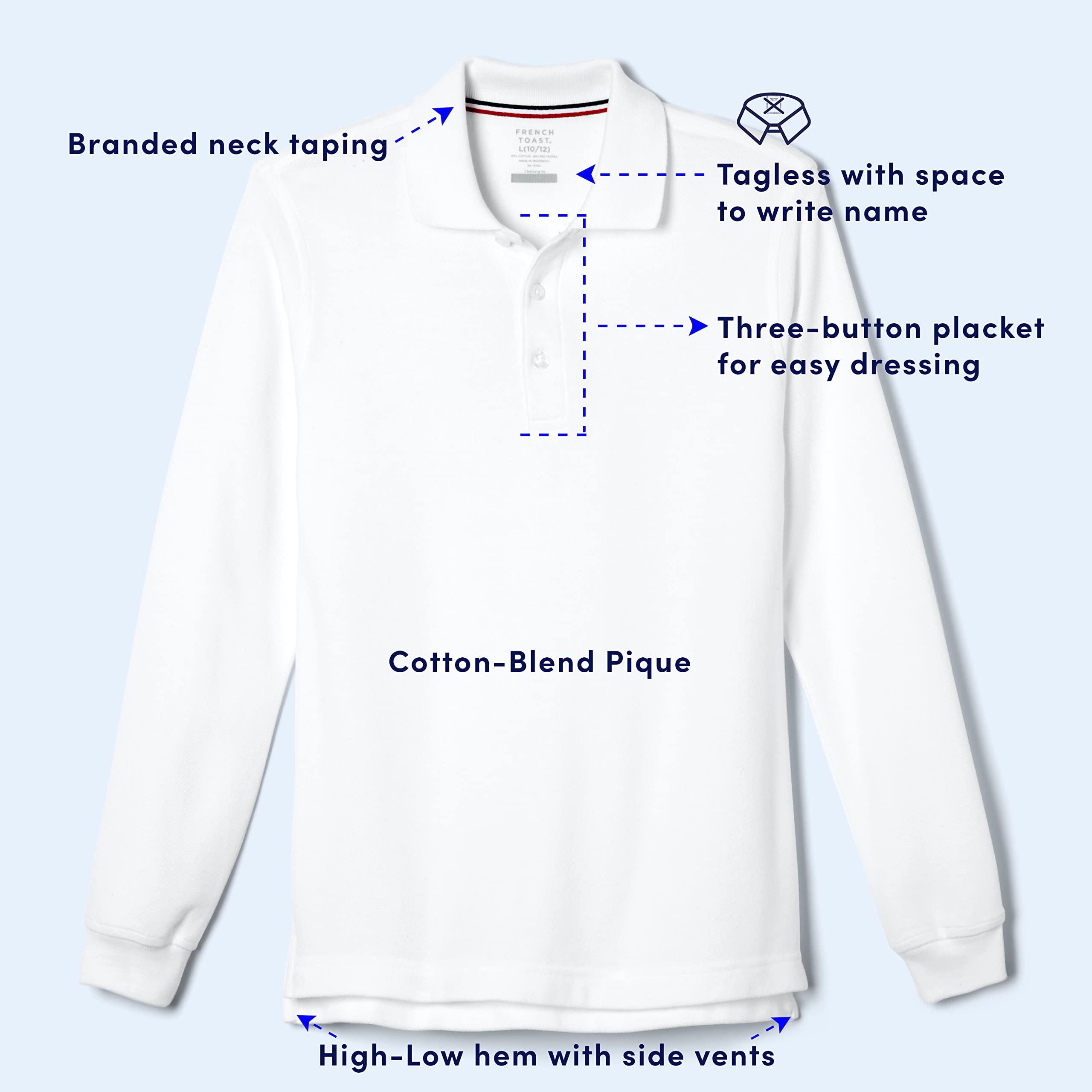 French Toast Pique Polo Shirt - Long Sleeve School Uniform for Boys & Girls | Comfortable Cotton Blend for Classroom & Dress Code Occasions