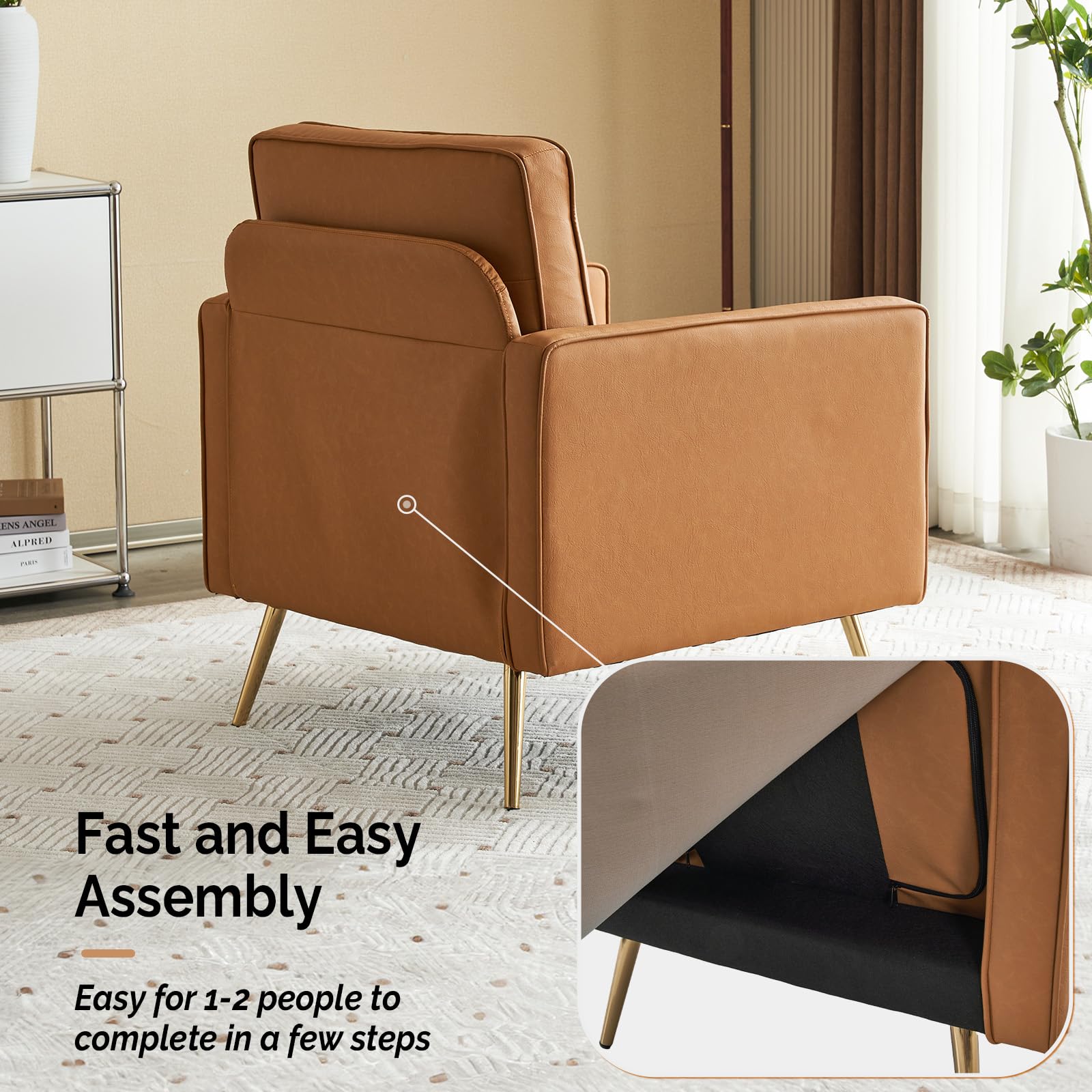 VINGLI Mid Century Modern PU Leather Accent Chair with Gold Legs - Brown Upholstered Armchair for Living Room, Bedroom & Apartment - Perfect for Reading Nook, Home Office or Lounge Area