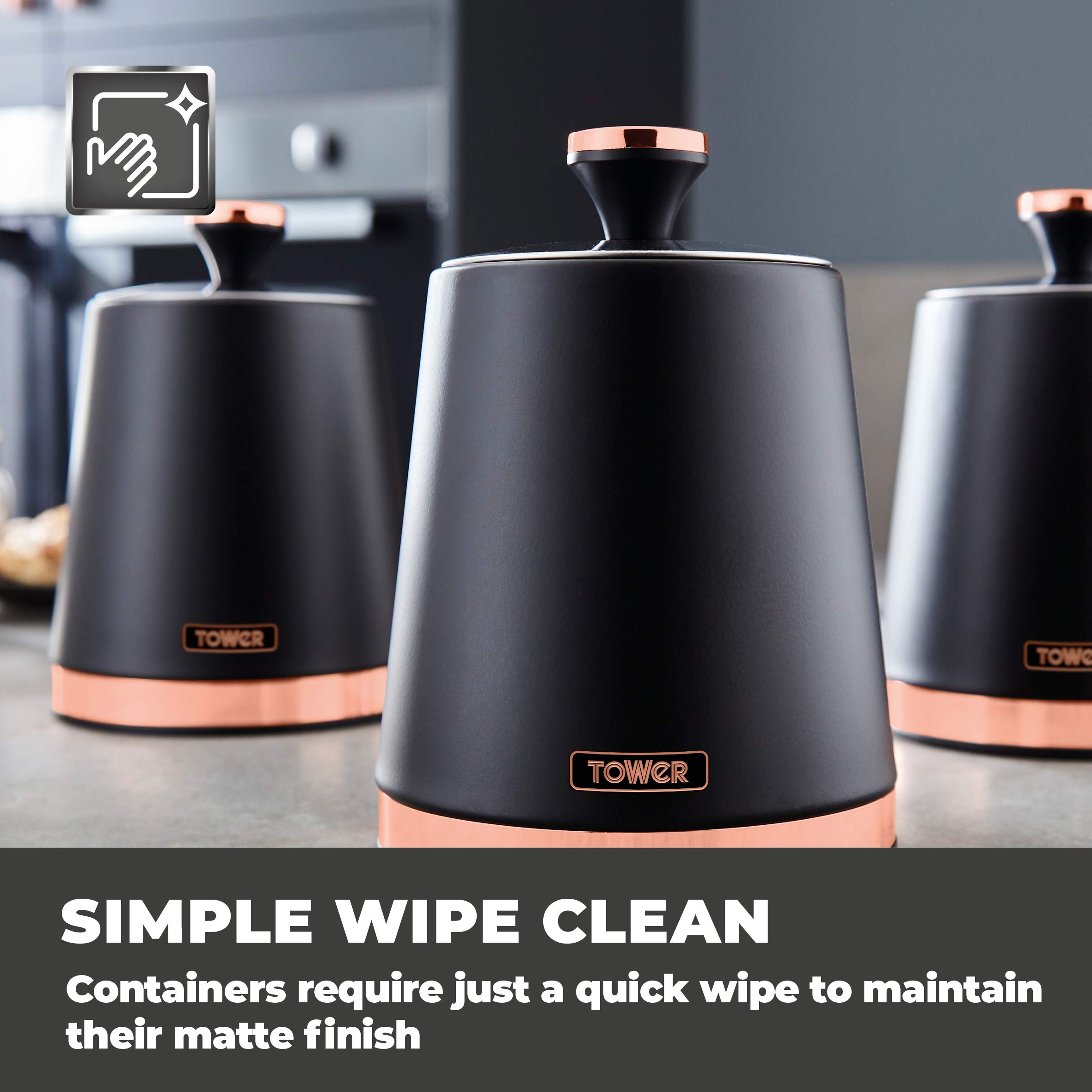 Premium Tower Cavaletto Black & Rose Gold 7-Piece Kitchen Set - Pyramid Kettle, 4-Slice Toaster, Microwave, Bread Bin & 3 Canisters for Tea, Coffee & Sugar | Stylish Modern Kitchen Essentials for Small Spaces & Apartments