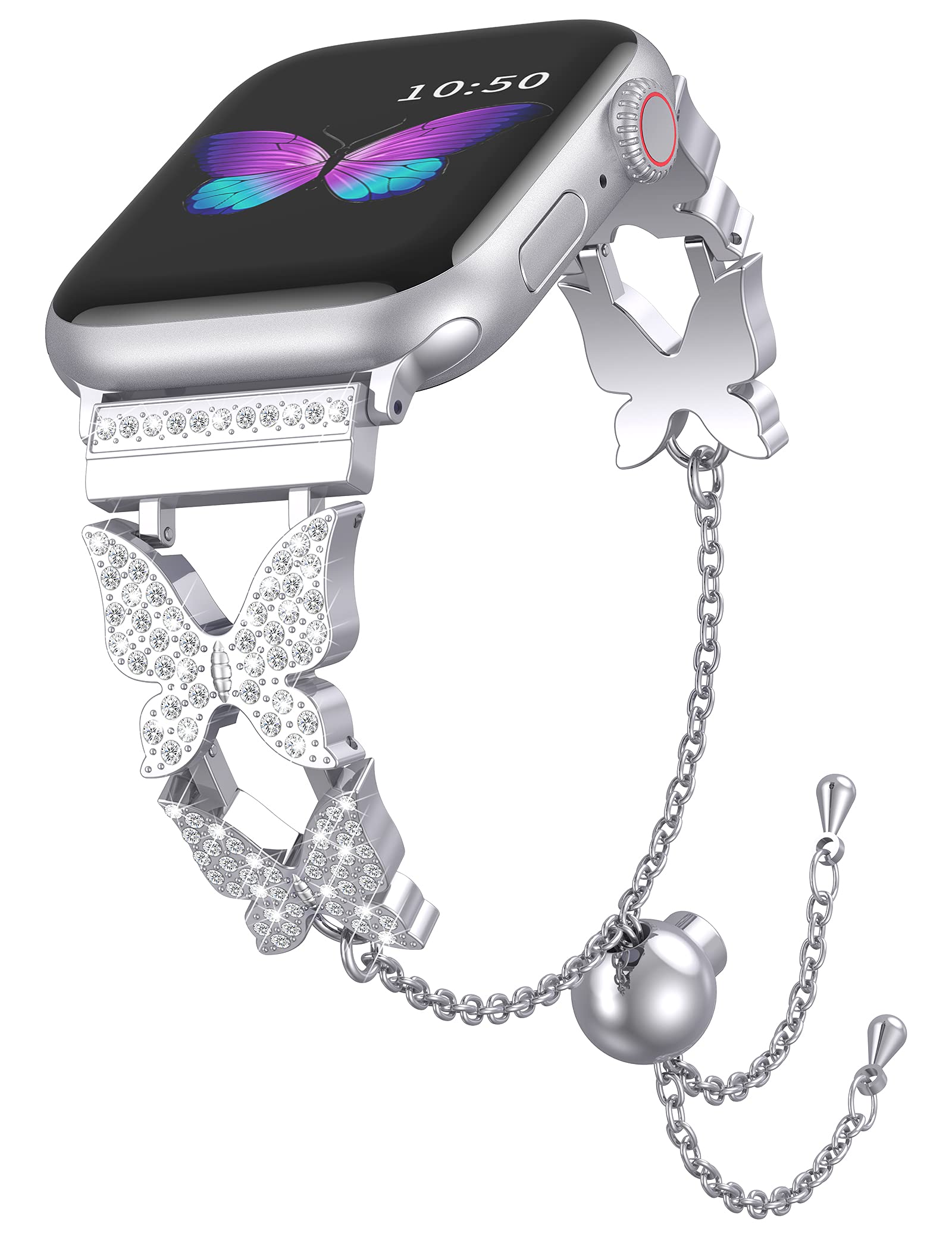 Sparkling Wearlizer Bling Bands for Apple Watch 38mm 40mm 41mm - Adjustable Butterfly Metal Jewelry Bracelet Compatible with iWatch Series SE/8/7/6/5/4/3/2/1 - Elegant Silver Accessory for Women & Girls | Perfect for Parties, Work & Everyday Wear