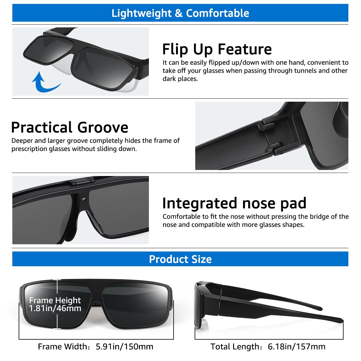 Polarized Flip-Up Fit Over Sunglasses for Men - 100% UV Protection - Ideal for Driving, Outdoor Sports & Daily Wear