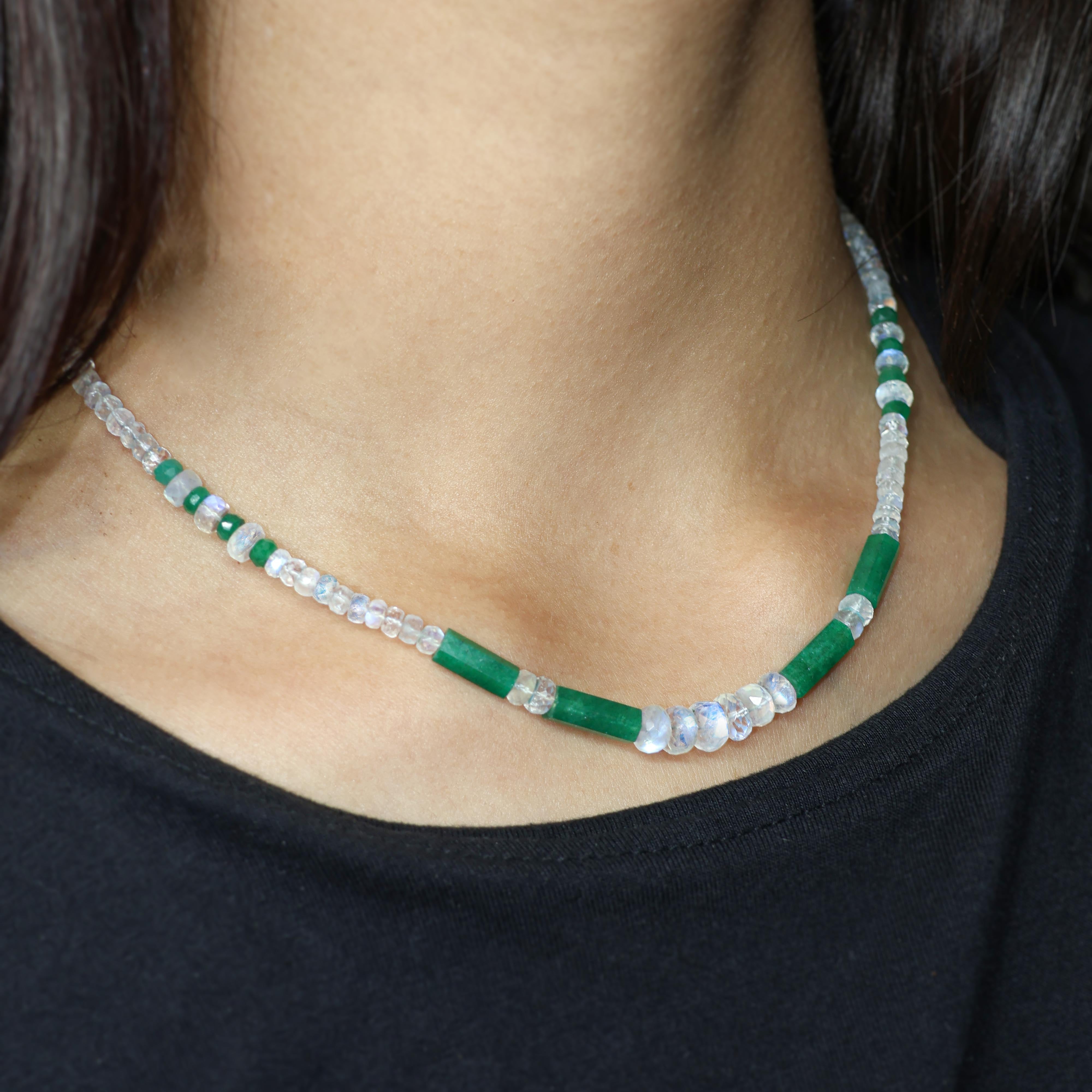 Hexagon Emerald Pencil & Faceted Moonstone Beaded Necklace - Elegant Jewelry for Women, Perfect for Weddings, Parties & Special Occasions