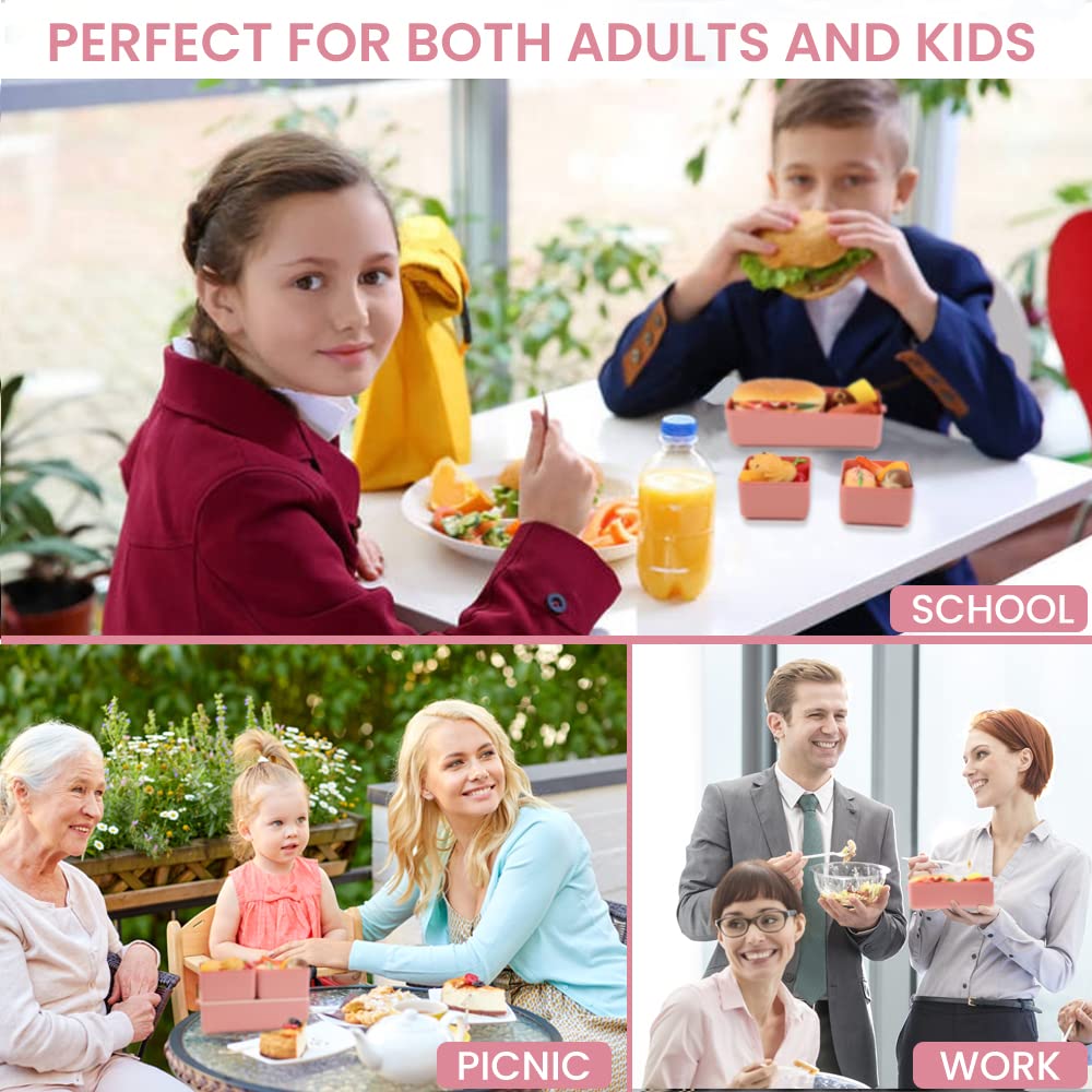 Bugucat 1400ML Stackable Bento Lunch Box - 2 Layer 3 Compartments Leak Proof Food Container with Cutlery Set for Adults & Kids (Pink) | Perfect for School, Office, Picnics & Meal Prep