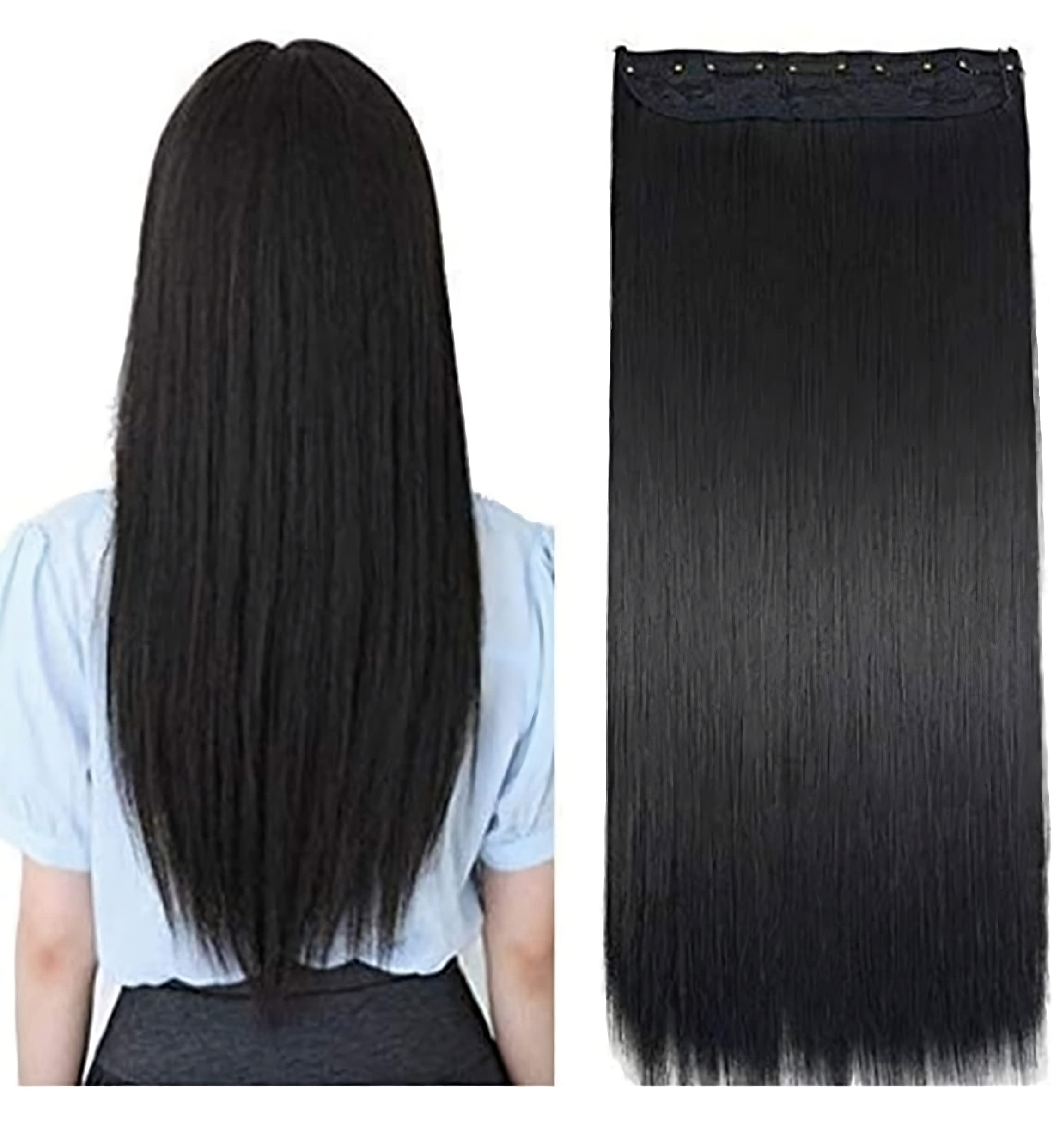 DELORUS 24 Inch Synthetic Straight Black Hair Extensions with 5 Clips - 1 Piece Clip-in Hair Extensions for Women & Girls | Perfect for Daily Wear, Parties & Special Occasions