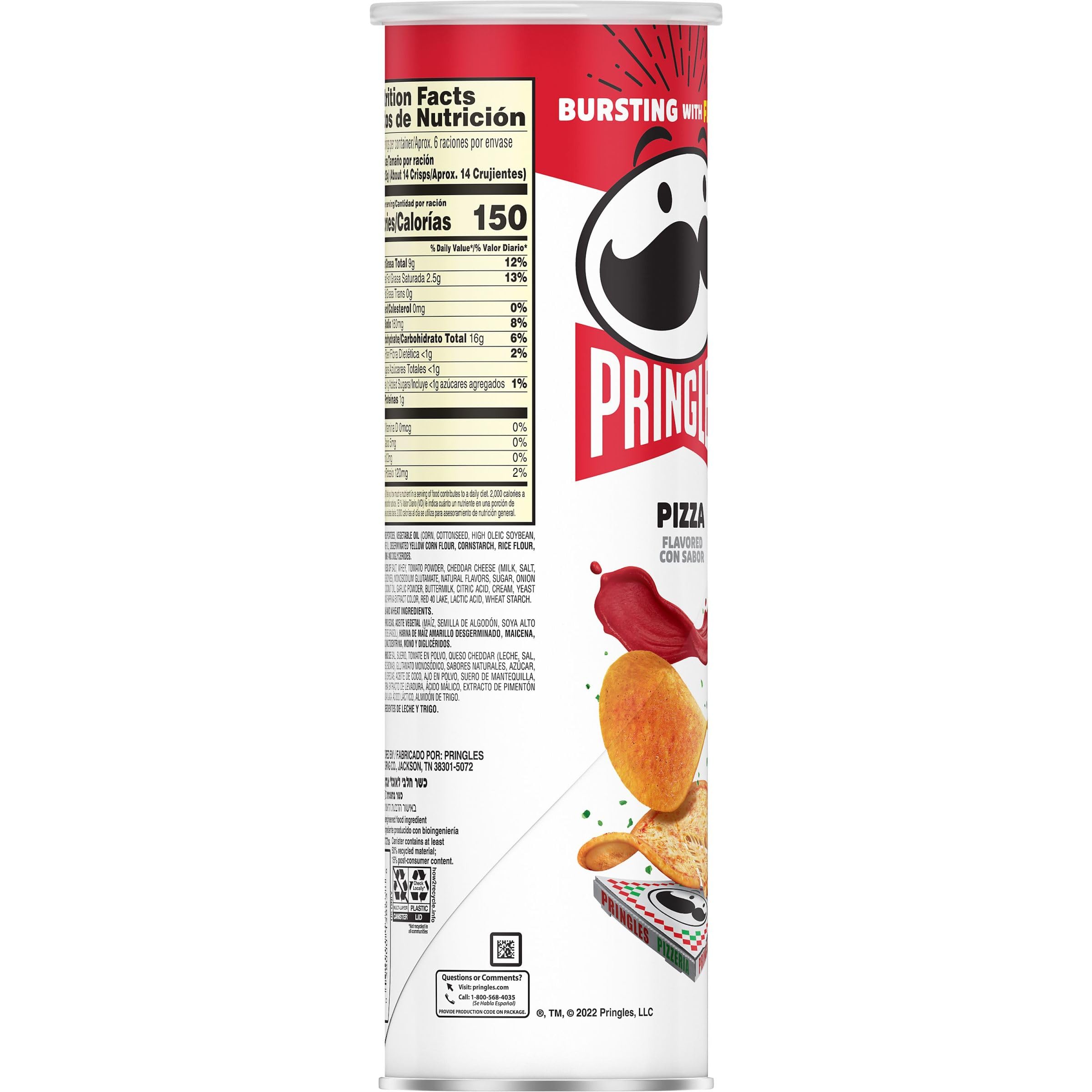 Pringles Potato Crisps Chips - Pizza Flavor, 5.5oz Can (Pack of 1) - Crunchy Lunch Snacks & On-The-Go Treats for Office, School, or Road Trips