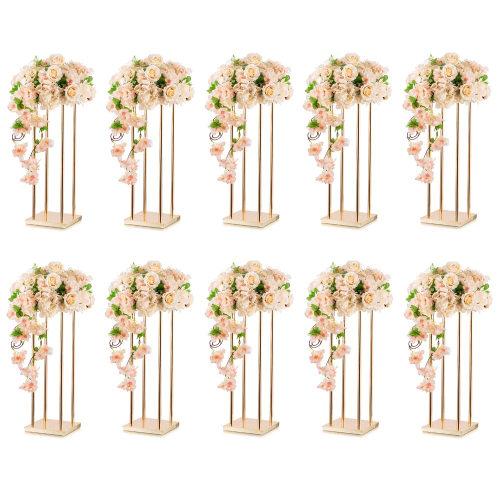 10-Pack Gold Metal Tall Vase Stands (23.6 Inch) - Elegant Wedding Centerpieces, Cylinder Flower Holders for Table Decorations, Party Events & Home Décor - Perfect for Wedding Receptions, Banquets, and Luxury Home Accents