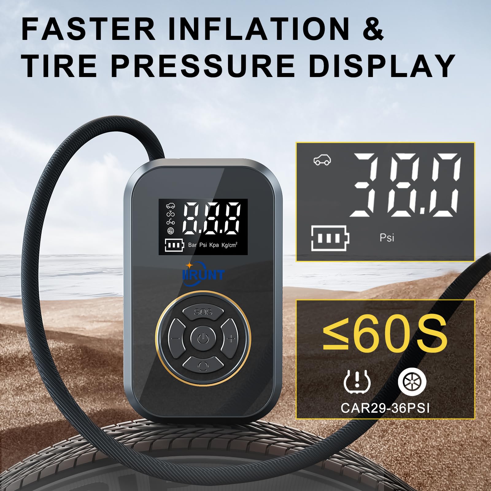Portable Electric Air Compressor Pump - 4000mAh Battery, 130 PSI, LED Light & Auto Shutoff - Digital Pressure Gauge for Car Tires, Bike, Motorcycle - Perfect for Road Trips, Camping & Emergency Tire Inflation