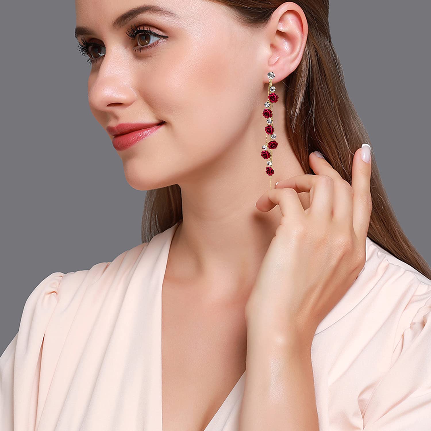 3D Rose Flower Crystal Long Tassel Drop Earrings for Women - CZ Rhinestone Rose Fashion Jewelry in Purple & Red - Elegant Dangle Earrings for Weddings, Parties, Date Nights & Special Occasions
