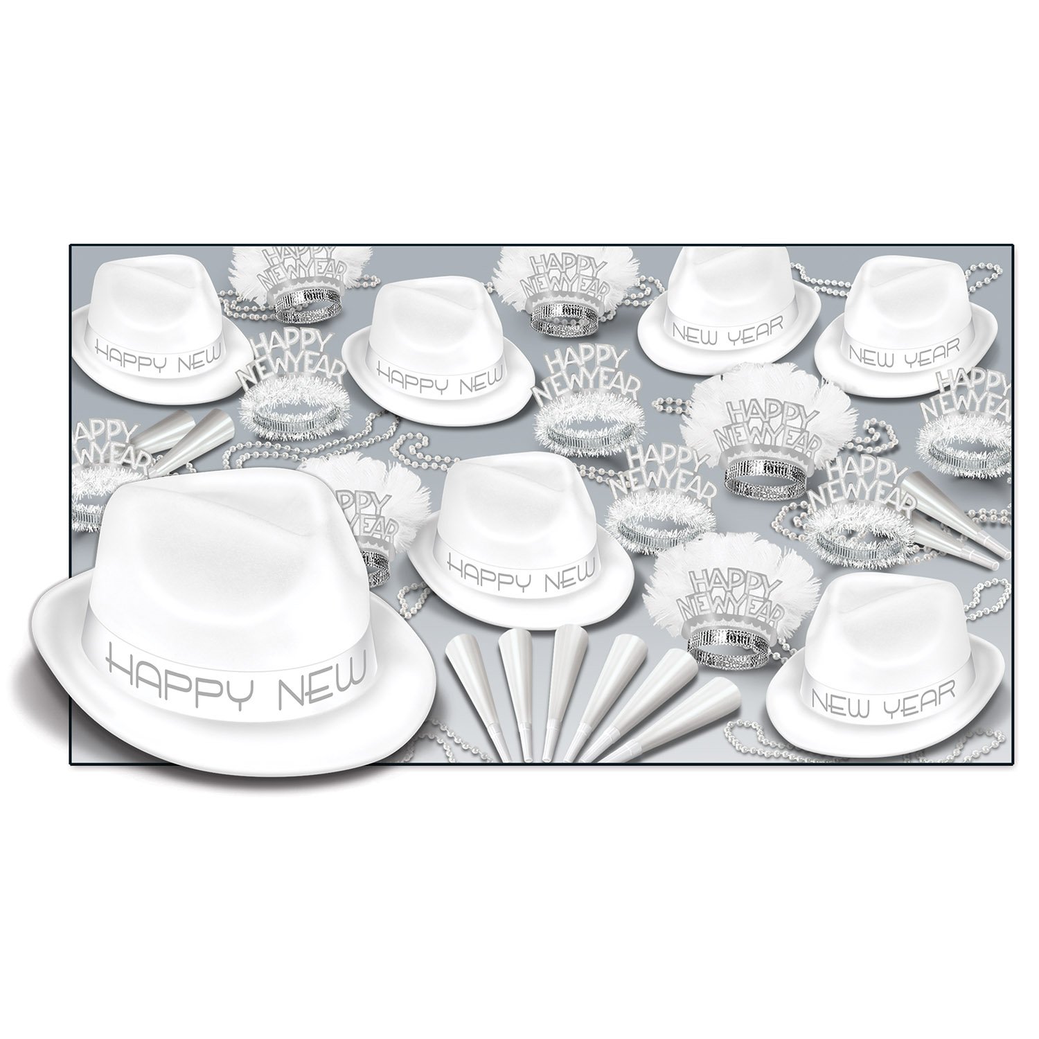 Beistle New Year Party Supplies Set - Hats, Tiaras, Noisemakers & Necklaces in White | Perfect for NYE Celebrations, Countdown Parties & Festive Gatherings