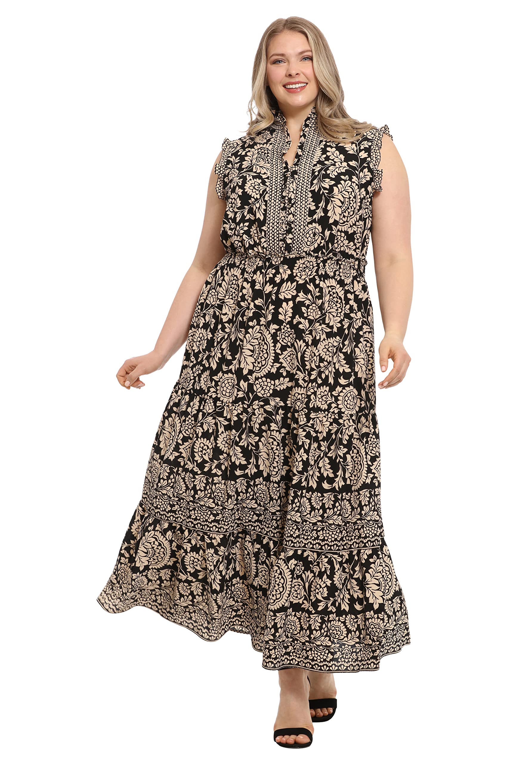 London Times Women's Boho Smocked Waist Ruffle Maxi Dress for Beach & Party