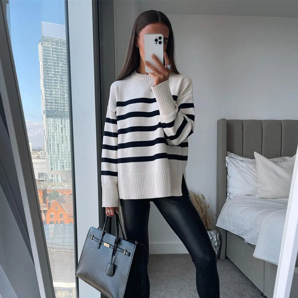 Women's Oversized Striped Knit Pullover Sweater - Casual Loose Fit Thick Winter Jumper for Autumn & Cold Weather - Cozy Layering for Work, Travel & Home