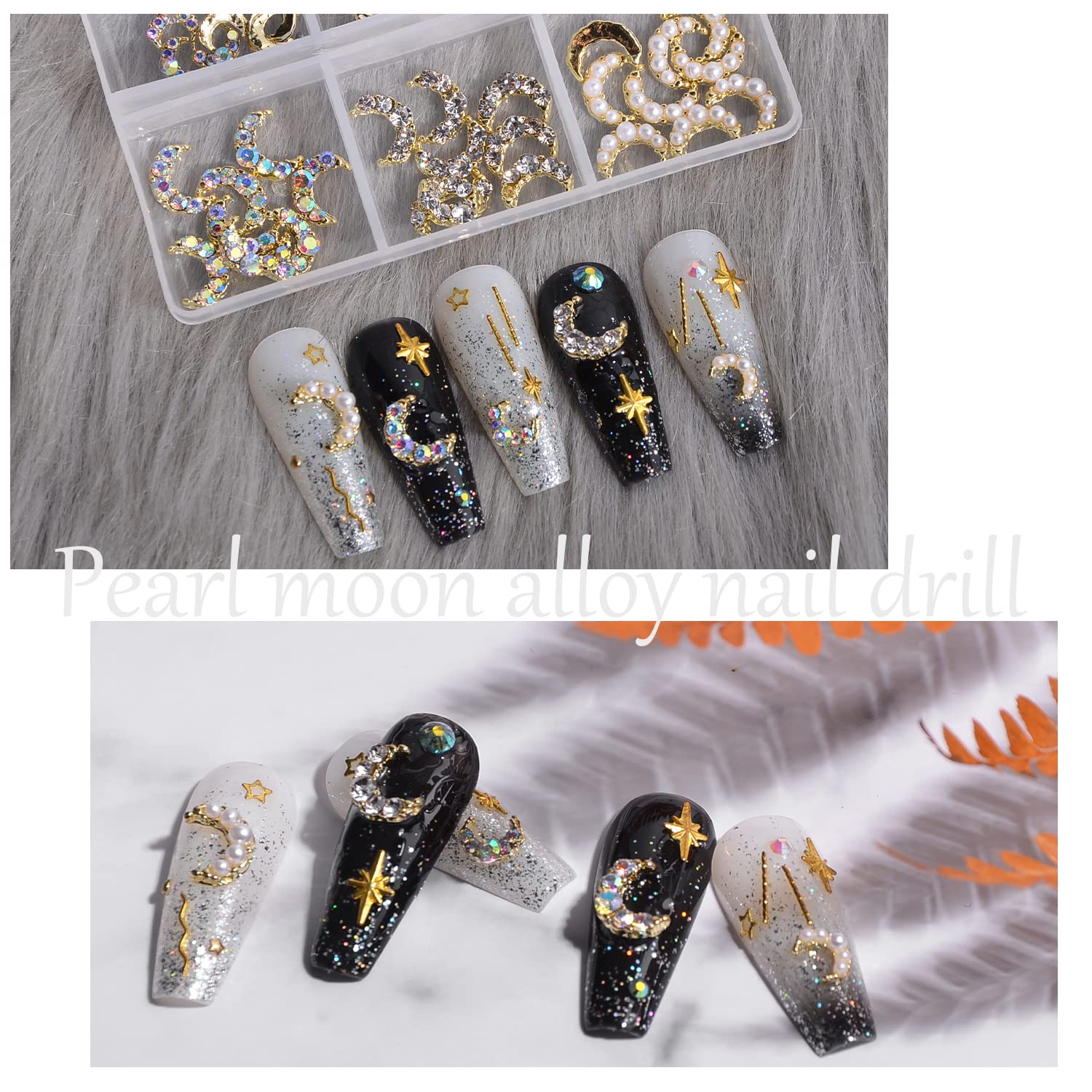 60 Pcs Moon Nail Charms - Shining Gold Nail Rhinestones with Moon Diamond Gem Pearl, Crystals Nail Studs for DIY Nail Art & Jewelry Making - Perfect for Manicures, Nail Decorations & Crafting (Includes Storage Box)