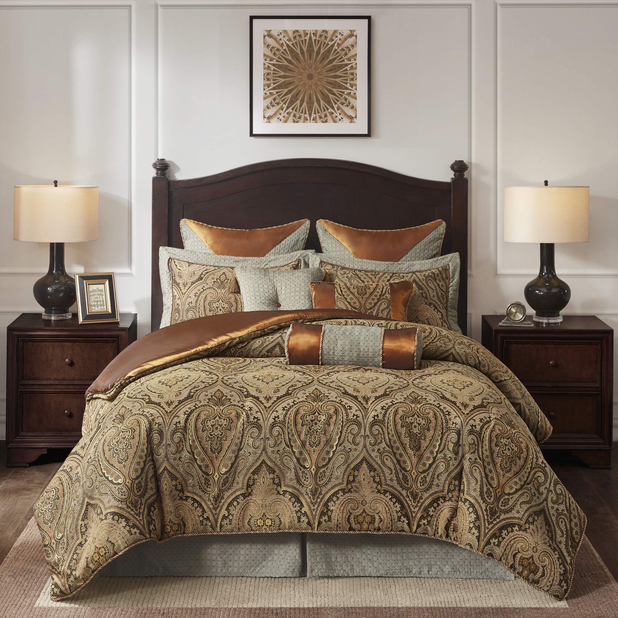 Hampton Hill King Size 10-Piece Bed in a Bag Comforter Set - 2-in-1 Duvet & Ultra Soft Microfiber Bedding in Teal & Brown Jacquard Medallion Damask Pattern | Perfect for Master Bedroom, Guest Room & Luxury Hotel Style Decor