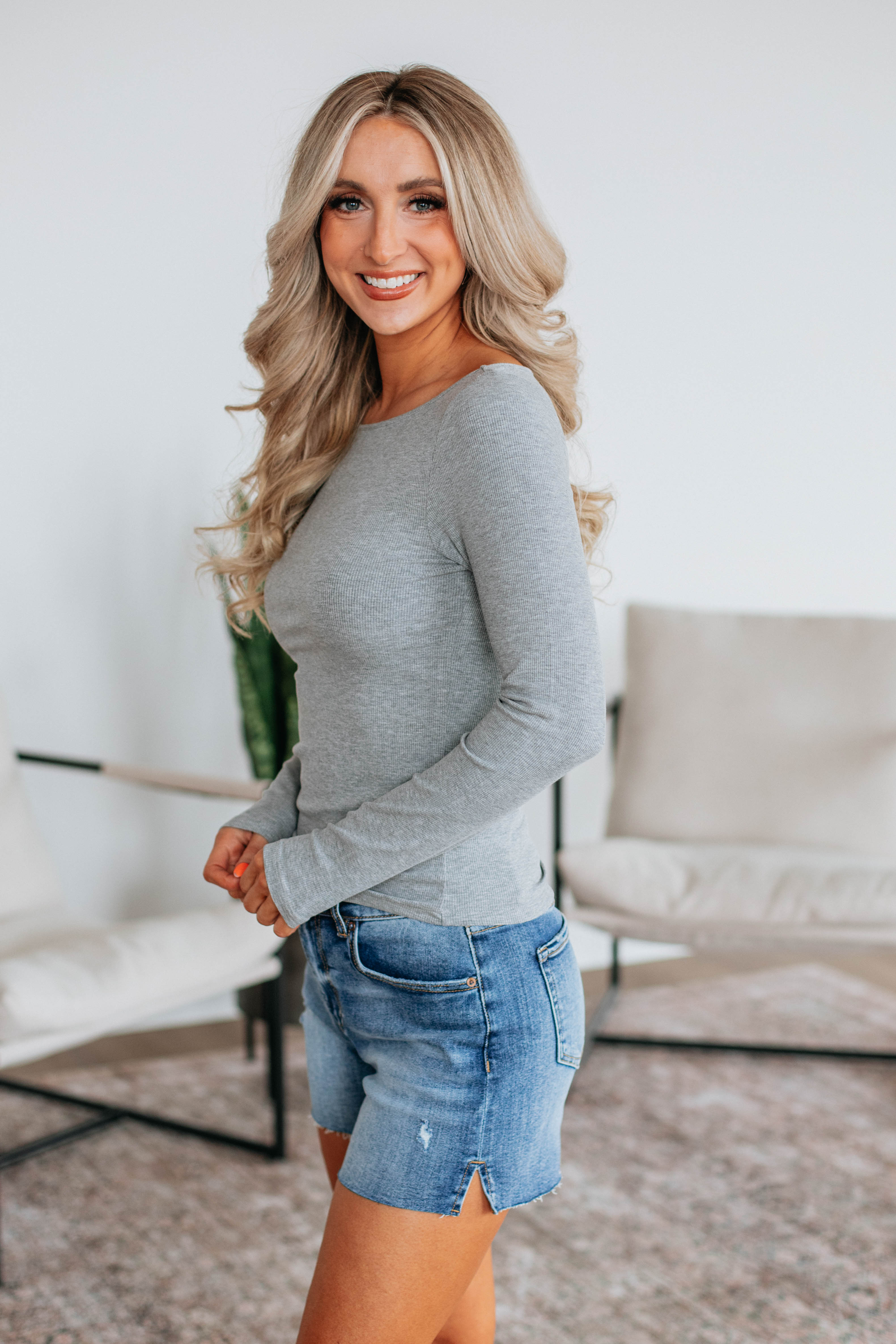 Brynn Ribbed Top for Women - Soft Stretch Heather Grey T-Shirt | Casual Wear, Layering, Everyday Outfits
