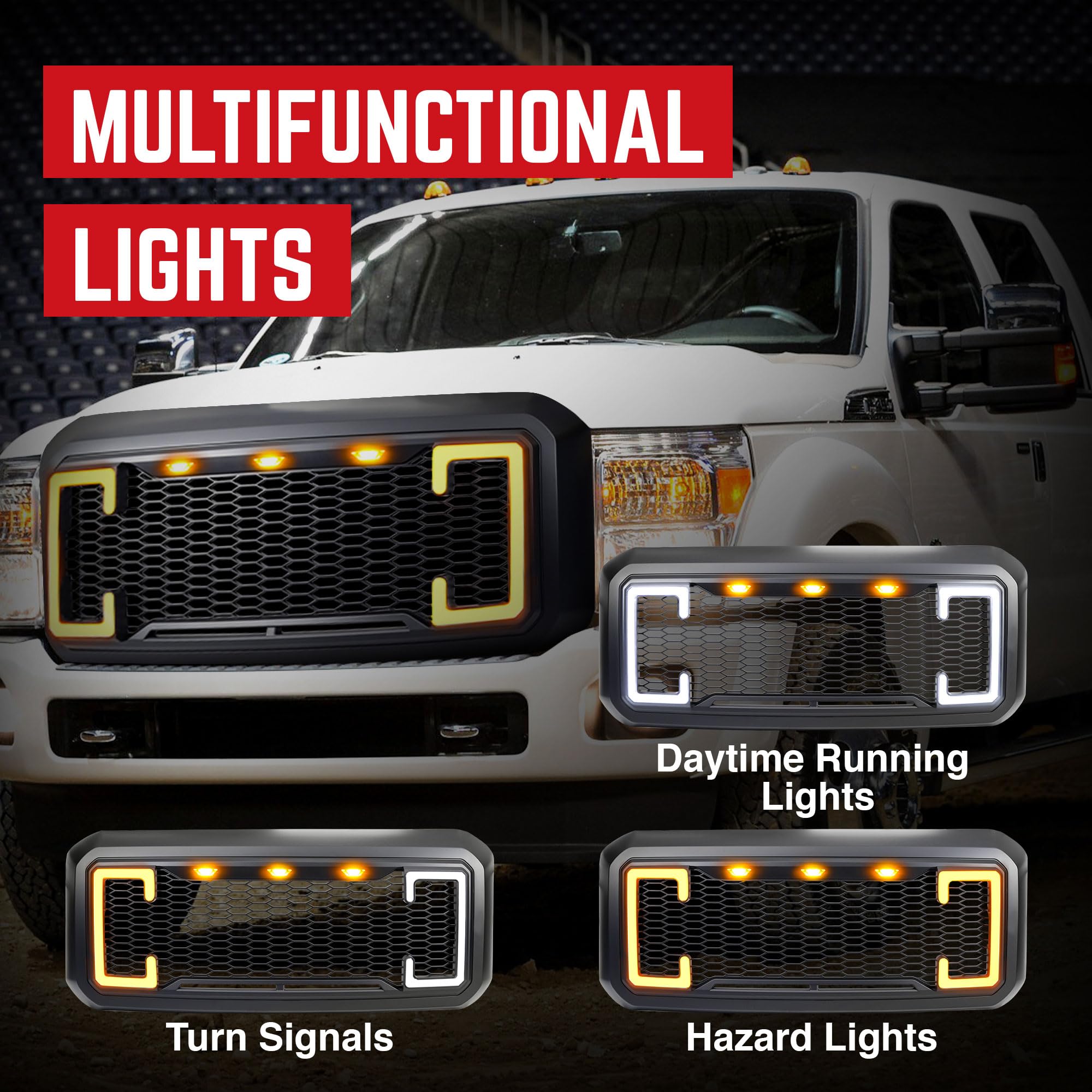 **2011-2016 Ford F250 F350 F450 F550 Matte Black Raptor Front Grille with DRL & Turn Signal Lights | Off-Road & Custom Truck Upgrade**