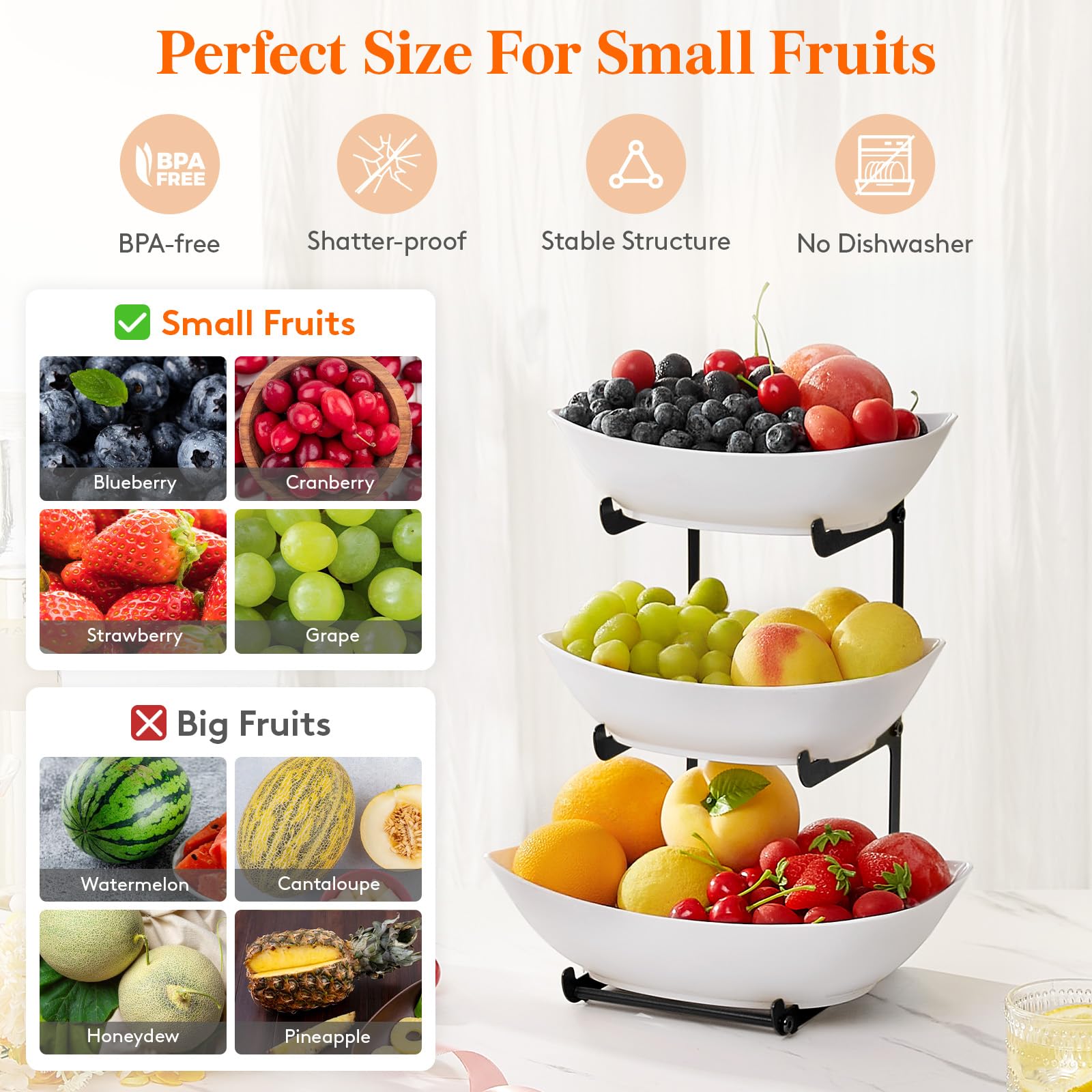 3-Tier Plastic Fruit Bowl Basket with Black Metal Stand - Kitchen Countertop Organizer for Fruits, Vegetables, Cakes & Desserts | Perfect for Party Serving, Home Decor and Dining Table Display