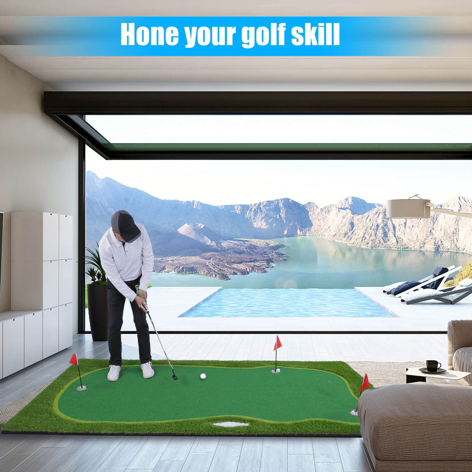 Premium Golf Putting Green Mat - Professional Indoor/Outdoor Golf Training Aid with Challenging Putter Practice Surface | Perfect for Home, Office & Backyard Practice Sessions