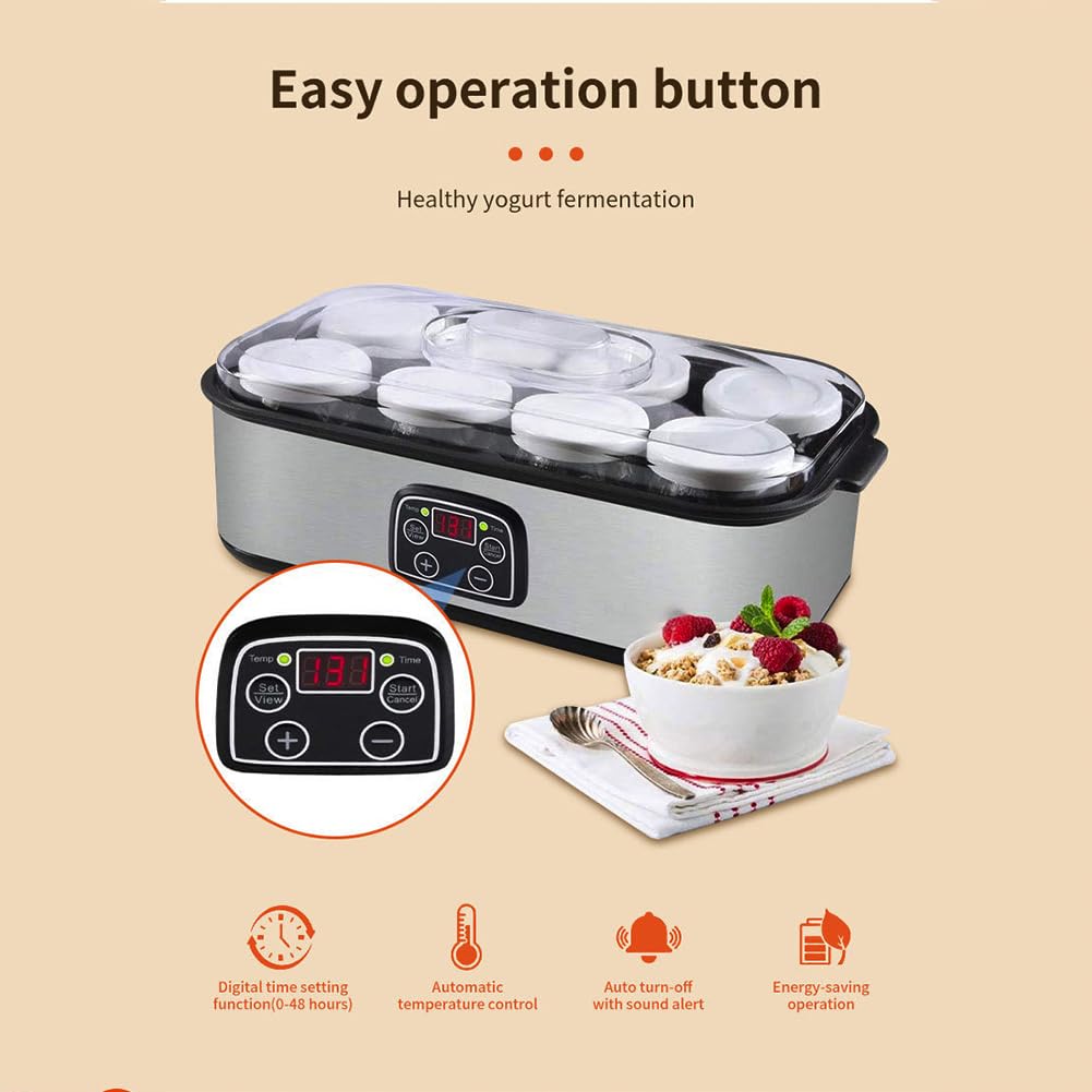 Stainless Steel Probiotic Yogurt Maker - 1400ml Capacity, Adjustable Temperature & Time Control, 36-Hour Fermentation, Includes 8 Glass Jars for Gut Health (Shape-A) | Perfect for Home Kitchen, Healthy Breakfast & Probiotic-Rich Snacks