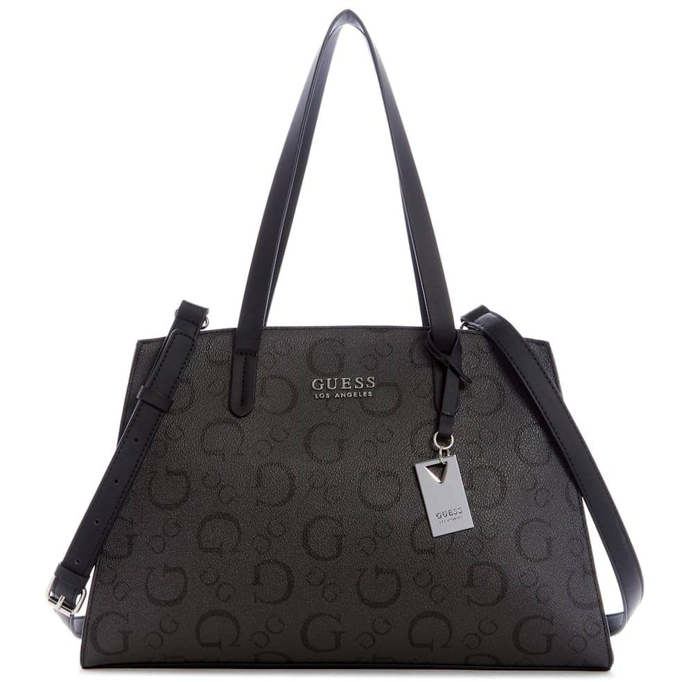 GUESS Women's Elsa Logo Print Satchel Crossbody Bag - Stylish Handbag & Tote Purse for Everyday Use, Work, Travel & Shopping (Black)