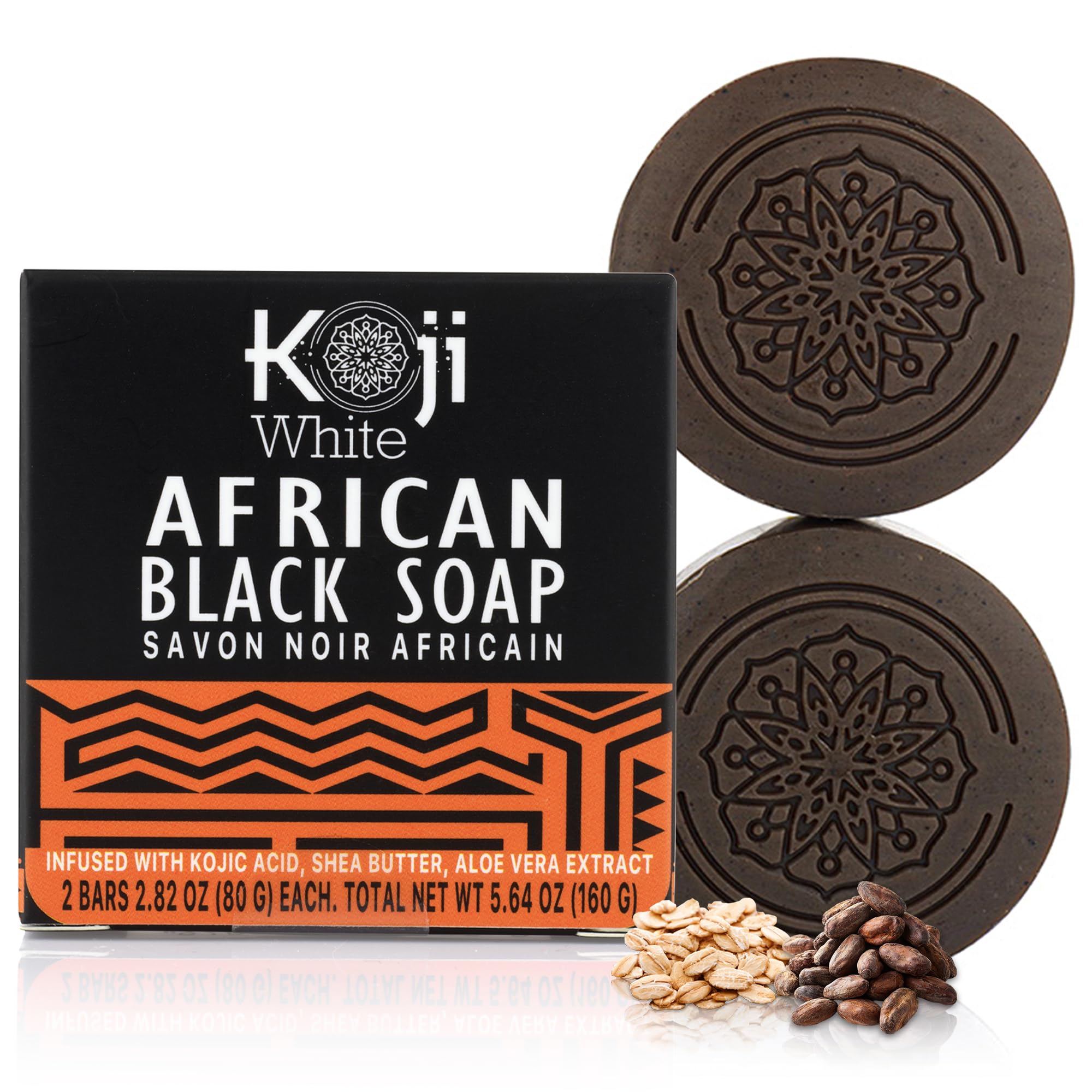 Koji White African Black Soap Bar with Kojic Acid - Exfoliating Body Wash & Face Cleanser with Shea Butter, Aloe Vera, Coconut Oil - Vegan, Paraben-Free, 2.82oz (2 Bars) - Perfect for Acne Treatment, Dark Spot Removal & Glowing Skin Care Routine