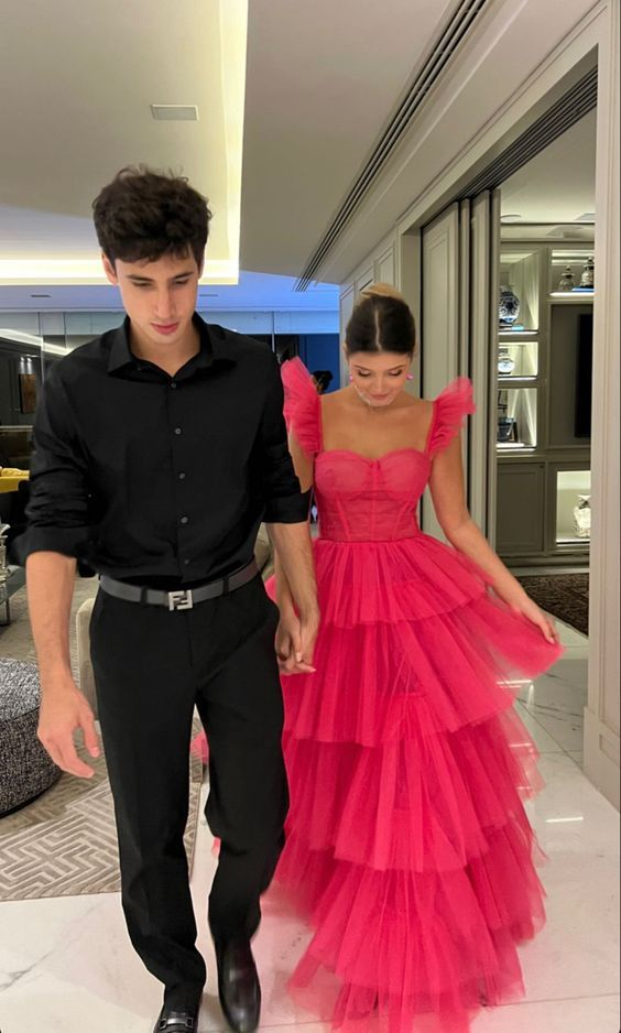 Elegant A-Line Hot Pink Layered Prom Dress with Tulle Skirt - Senior Prom Gown 2114 for Homecoming, Formal Dances & Special Occasions