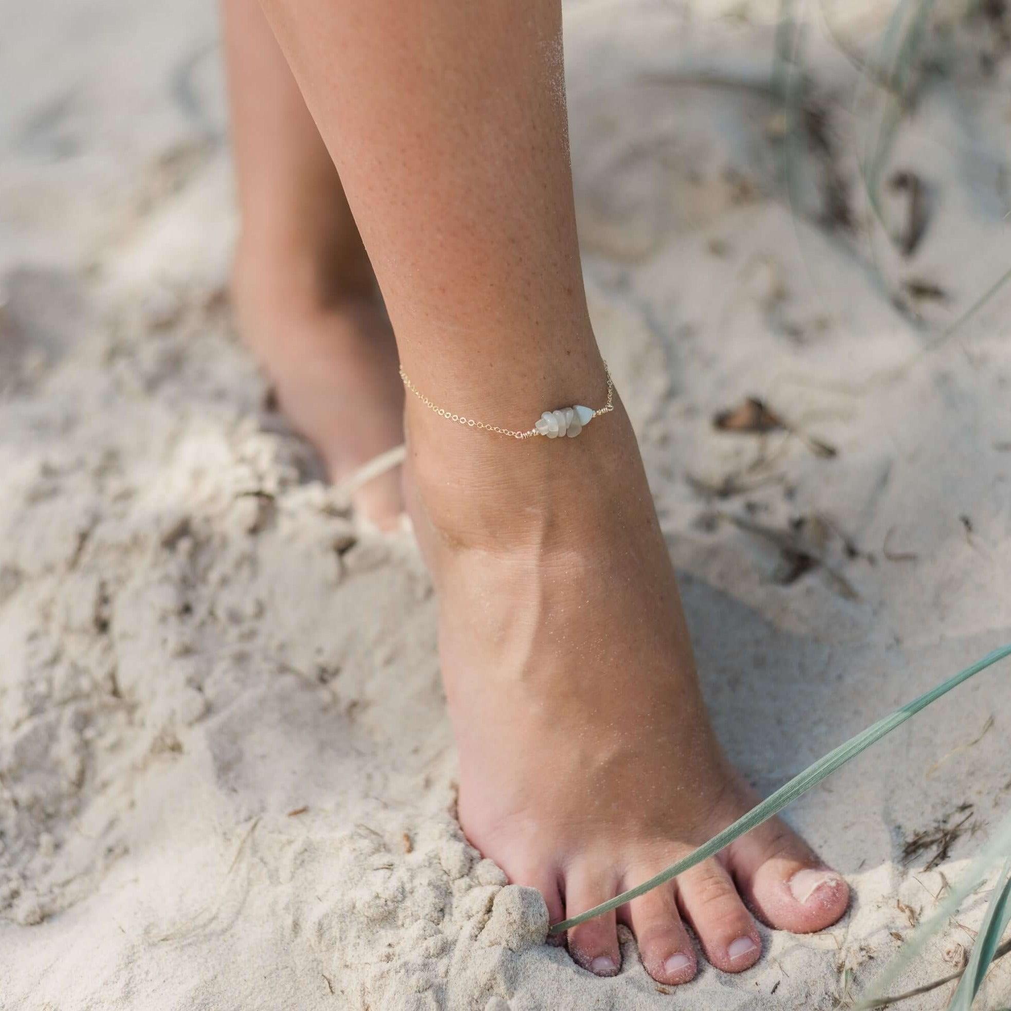 White Moonstone Chip Bead Bar Anklet - Elegant Crystal Ankle Bracelet for Women | Boho Beach Jewelry, Yoga Accessories & Summer Festival Fashion