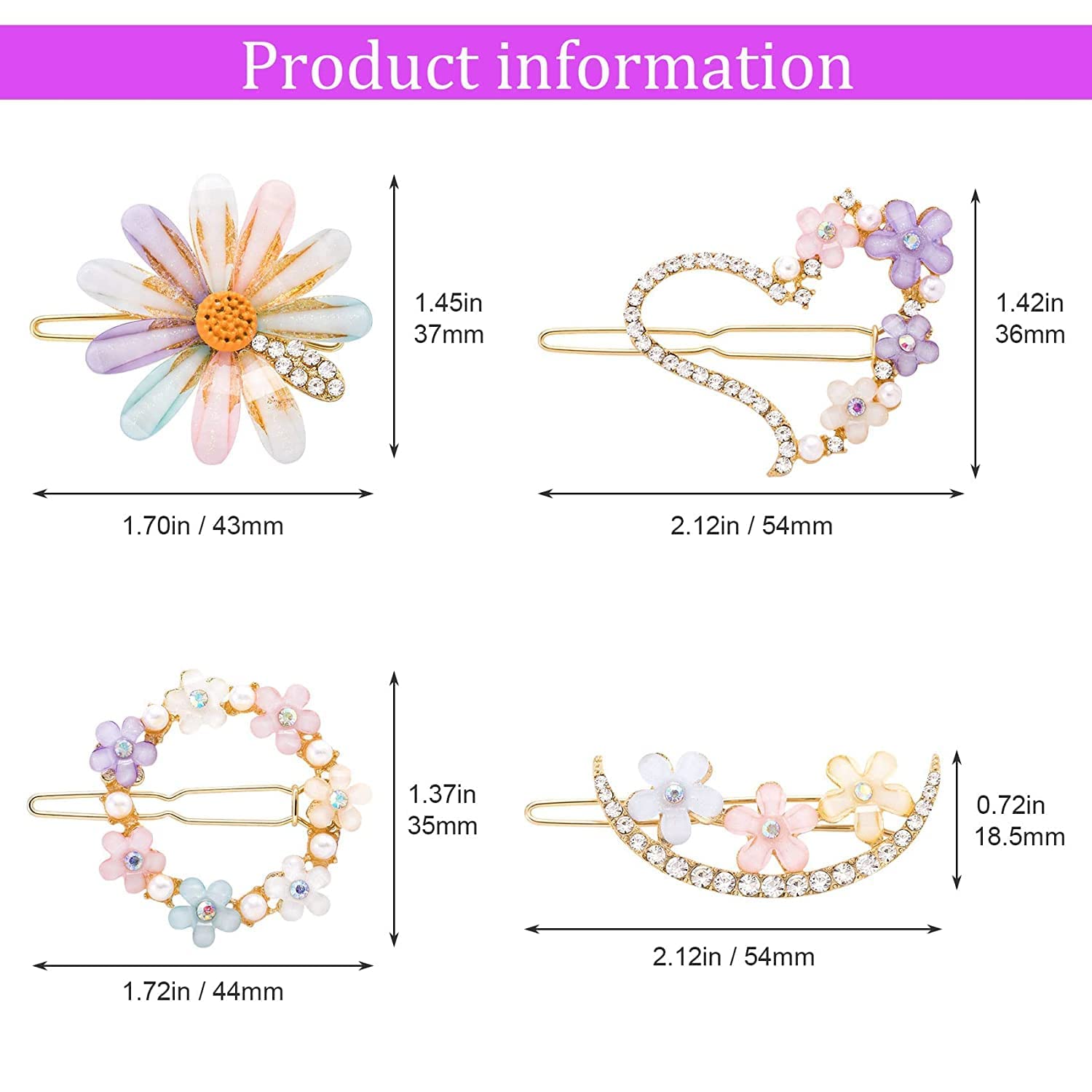 Elegant Rhinestone Hair Pins for Women - Geometric Metal Hair Clips with Sparkling Stones - Decorative Hair Accessories for Parties, Weddings & Everyday Style (Pack of 4)