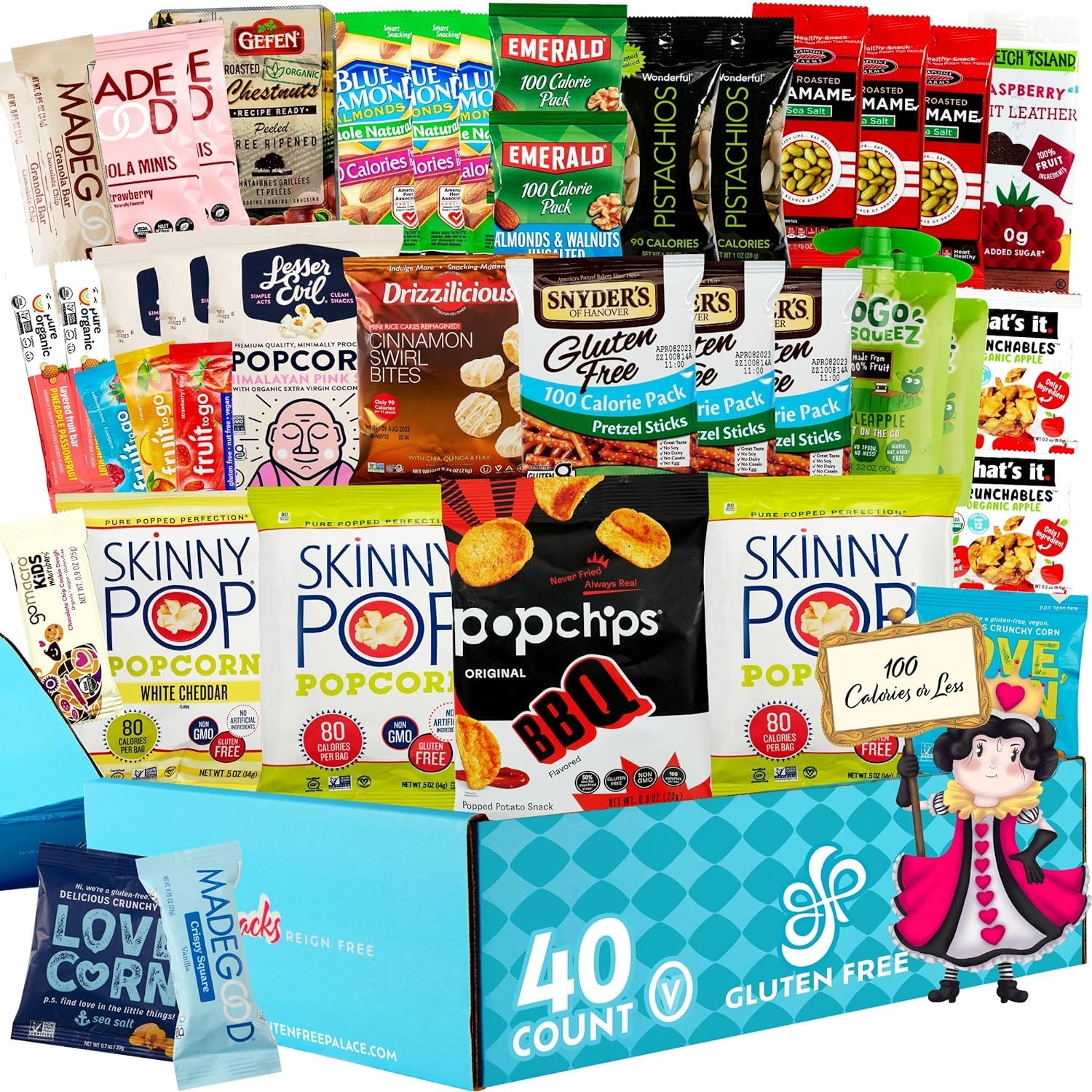 Gluten Free 100 Calorie Snacks Variety Pack - Healthy Low Calorie Vegan Snacks with Protein Bars & Nuts - 40 Count Care Package Gift Basket for Office, School & Travel