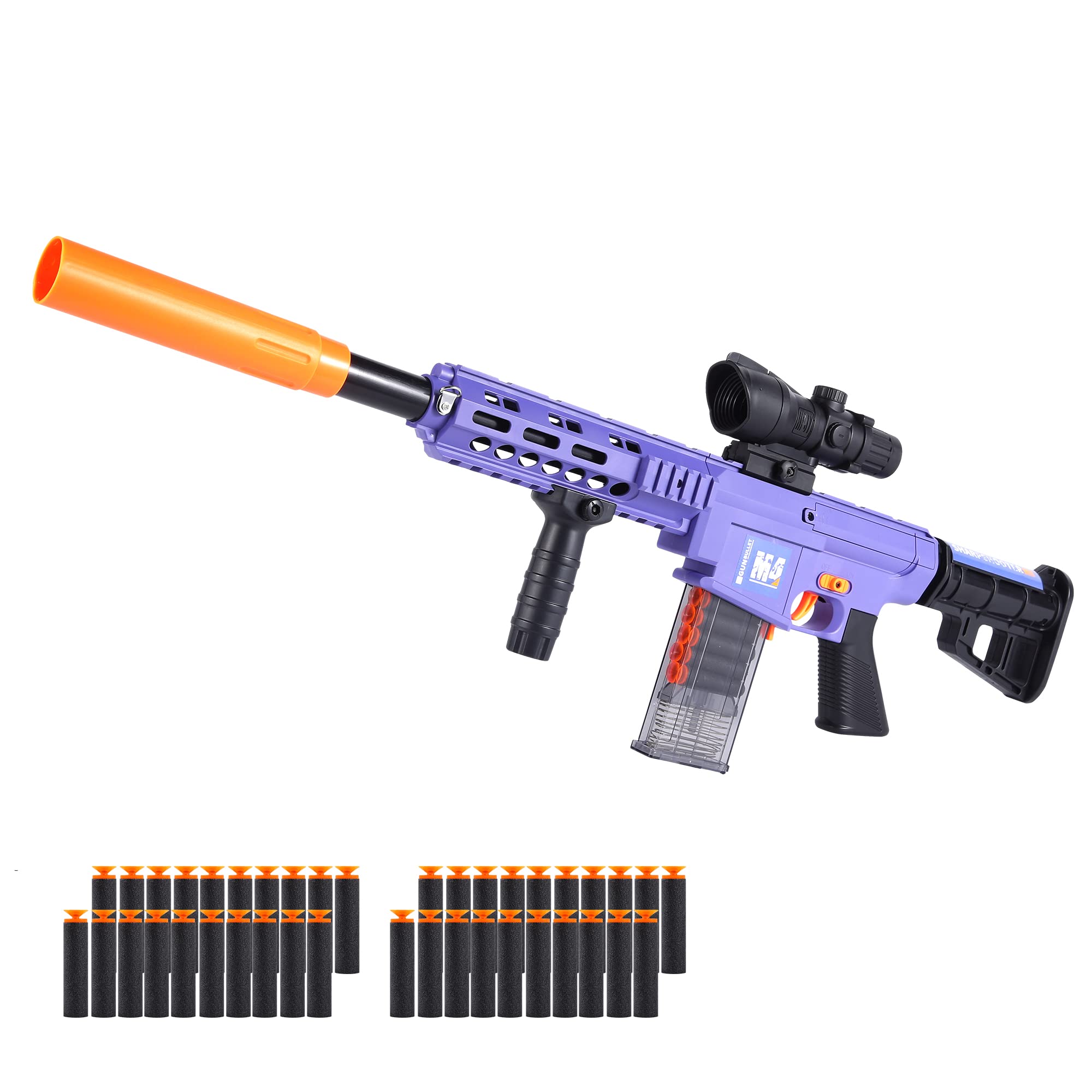 Electric Toy Foam Blaster Gun with Scope - Automatic Motorized Sniper Rifle for Kids, 2 Power Supply Options, DIY Shooting Toy for Boys - Perfect Birthday Gift for Outdoor Play & Nerf War Games (Purple)