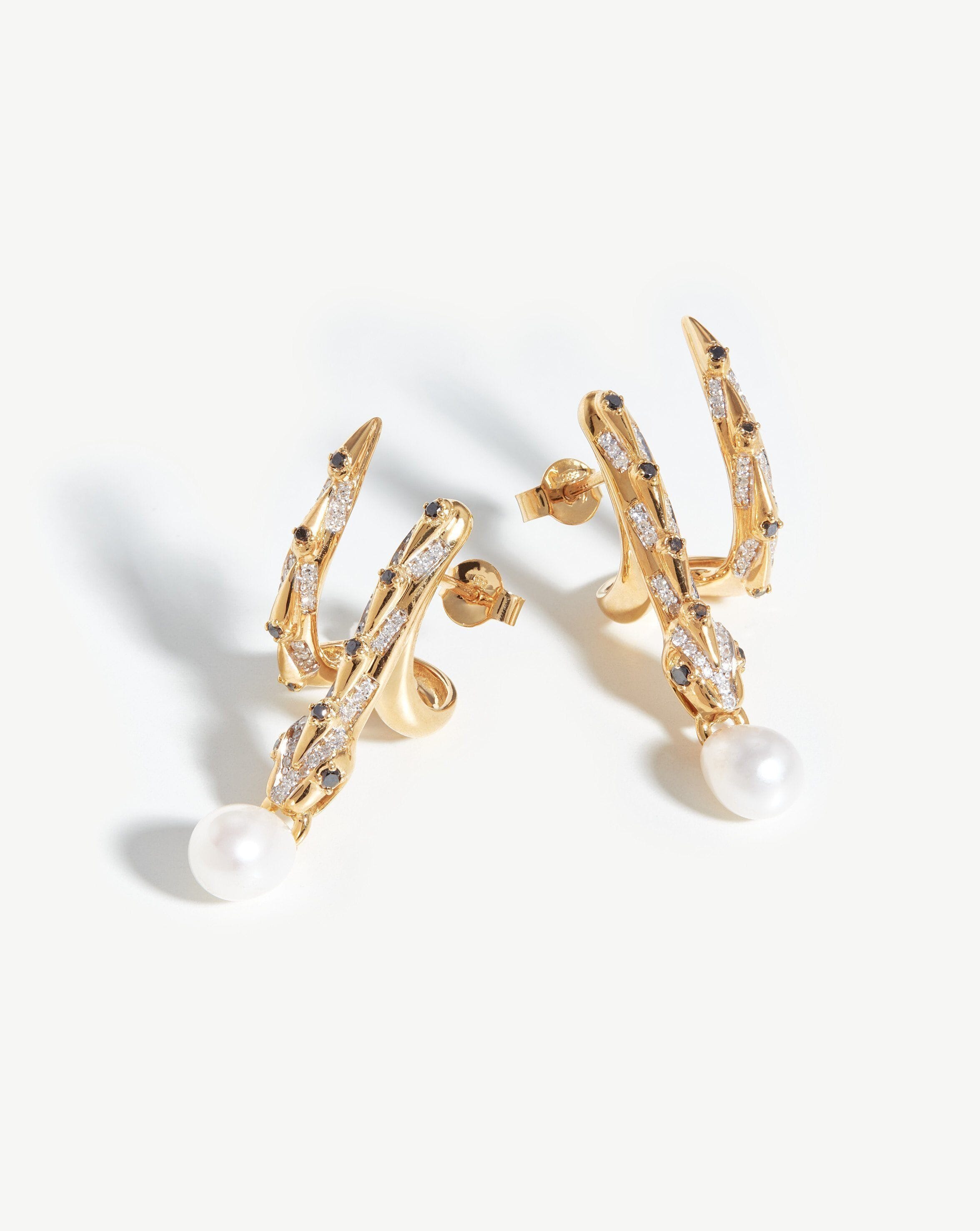 Harris Reed Fine Coiled Serpent Earrings - 14k Solid Gold with Pearl & Diamond Accents | Luxury Statement Jewelry for Women, Perfect for Evening Events & Special Occasions