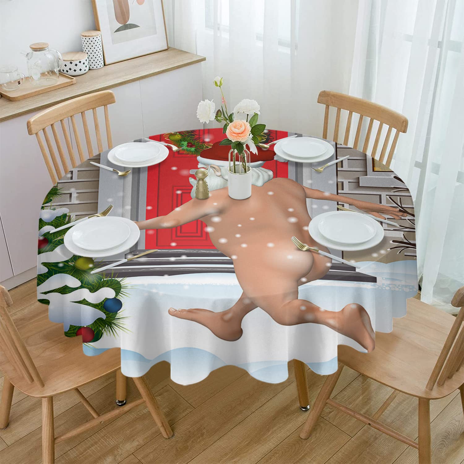 Waterproof Round Tablecloth - Christmas Santa Claus in Snowy Winter Design, Oil-Proof Washable Dining Table Cover for Kitchen, Farmhouse & Holiday Party Decor | Perfect for Christmas Dinner, Family Gatherings & Festive Celebrations