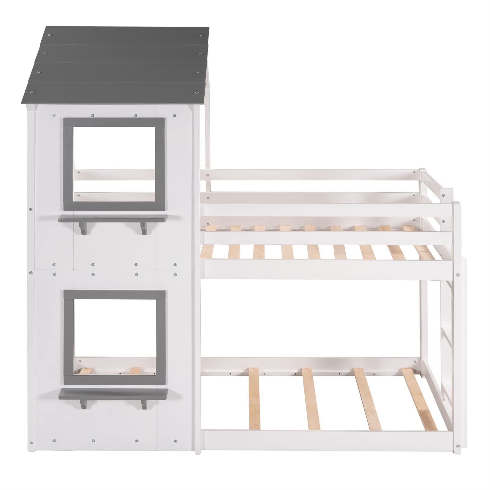 Twin Over Twin Wooden Bunk Bed Frame for Kids & Teens - Sturdy House Bunk Beds for Boys & Girls (White) - Perfect for Kids' Bedrooms, Dormitories & Space-Saving Home Decor